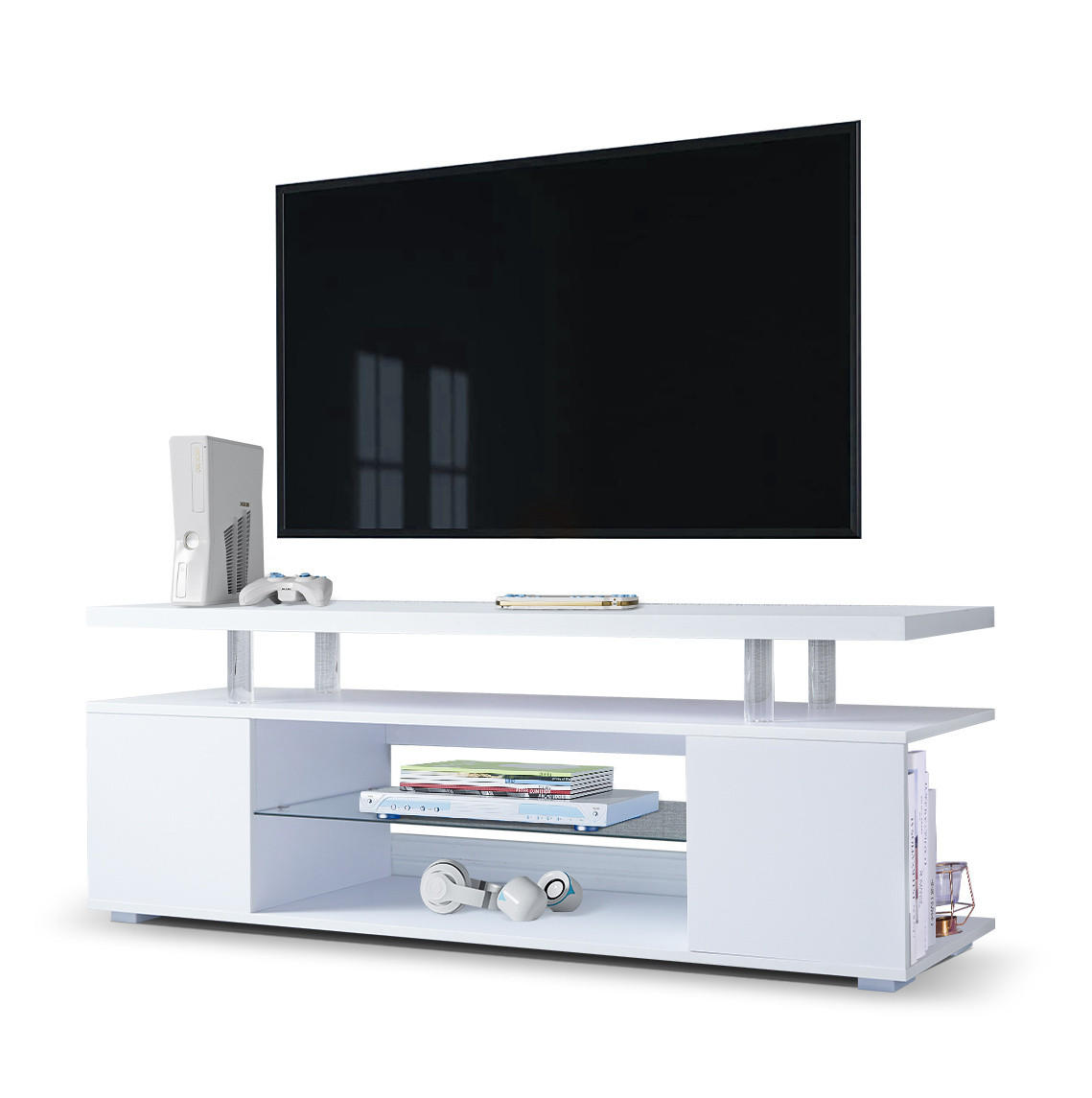 TV-LOWBOARD mit LED-Beleuchtung, offenem Fach und 3 Stauraumfächern, modernes Design, Weiß - Weiß, Holzwerkstoff (130/48/40cm) - Redom