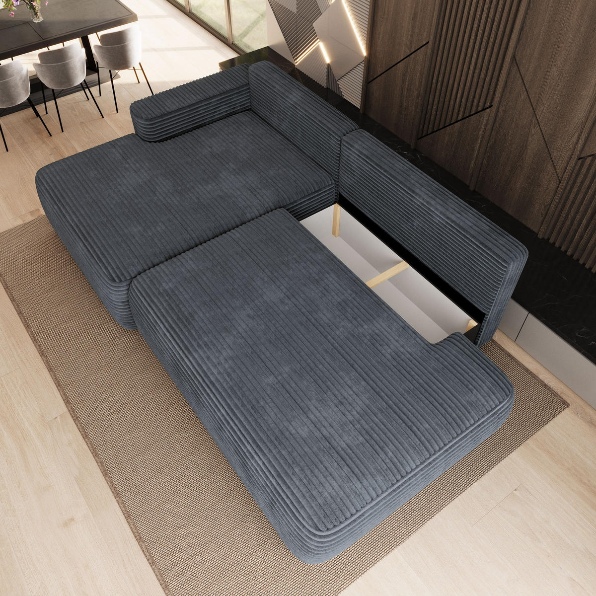 ECKSOFA AVINI T L-S Grau Kordstoff mit Schlaffunktion - Grau, Holzwerkstoff/Textil (277/160cm) - MASSENO