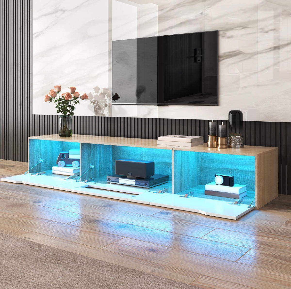TV-SCHRANK aus Holzwerkstoff 180x30x35 cm Weiß/Holzfarbe mit LED-Beleuchtung, Hochglanzfront und Rillentüren - Weiß, Holzwerkstoff (180/30/35cm) - Modfu
