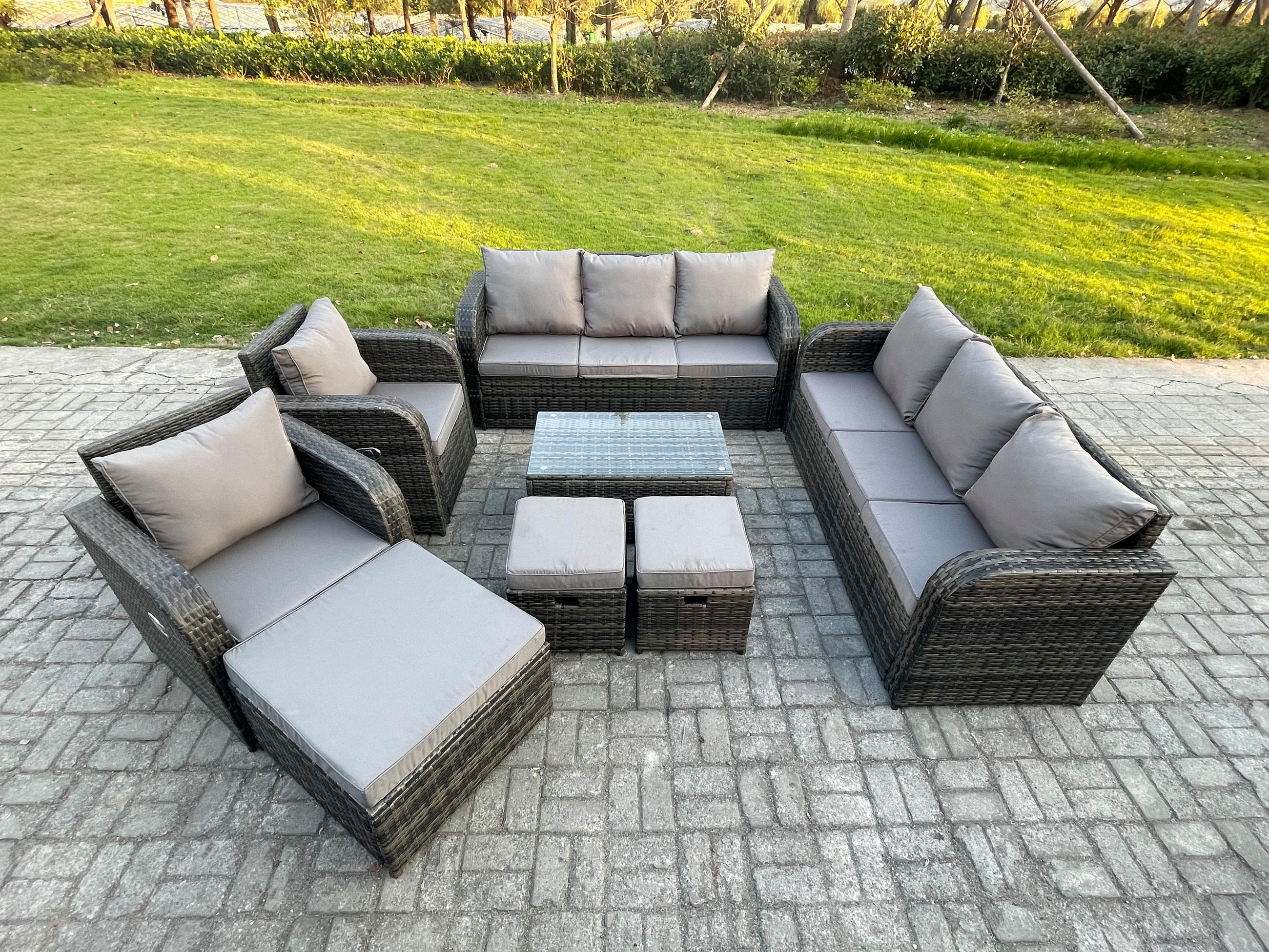 GARTENMÖBEL-SET mit Kissen Polyrattan Dunkelgrau 11-Sitzer - Dunkelgrau/Grau, Glas/Kunststoff - Fimous