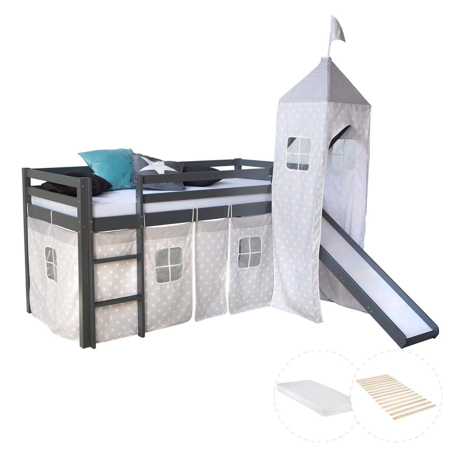 HOCHBETT 90/200 cm in grau mit Lattenrost + Matratze - Grau, Holz - Homestyle4u
