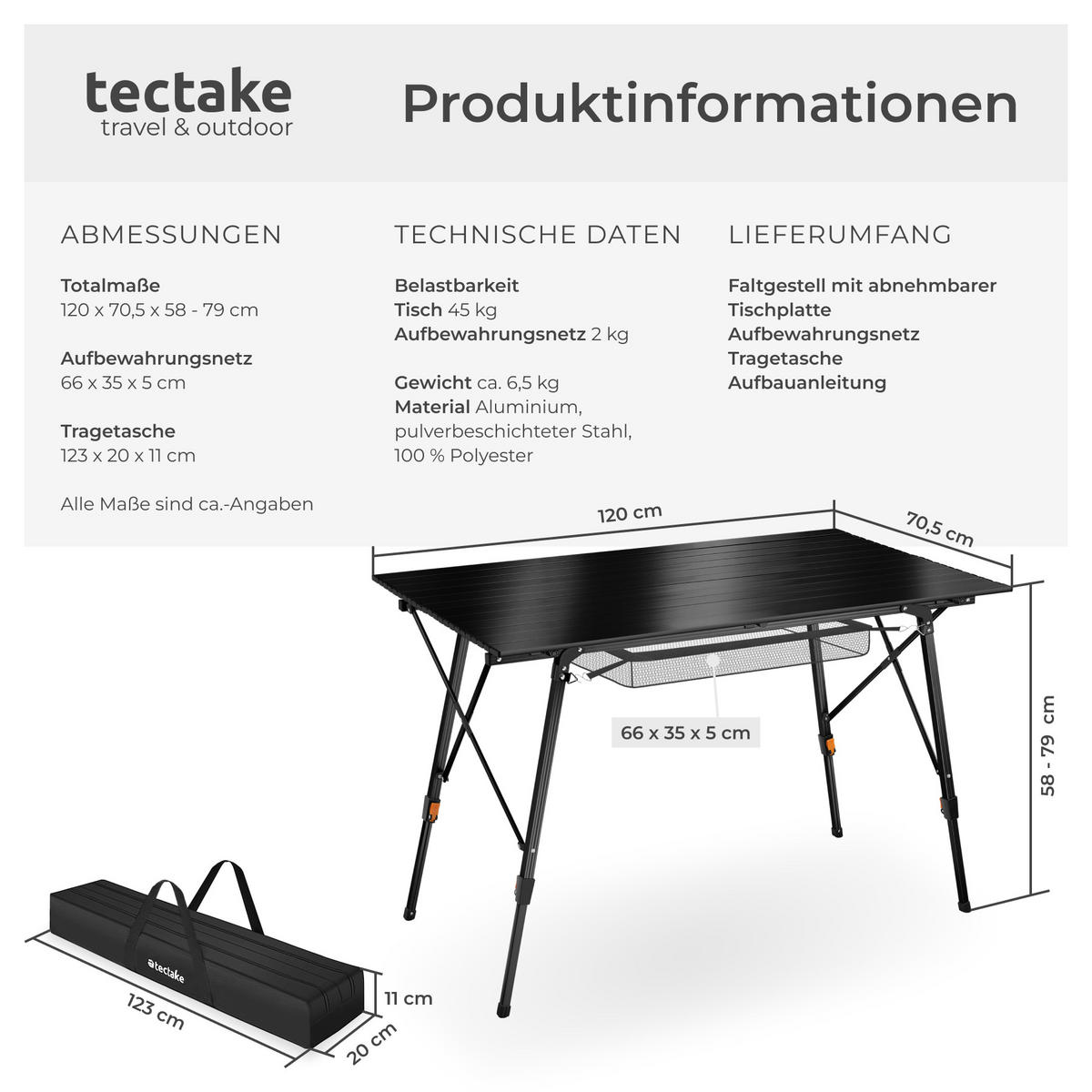 CAMPINGTISCH Bastian,120 x 70,5 x 58 – 79 cm,schwarz - Schwarz, Metall (120/70.5/79cm) - tectake