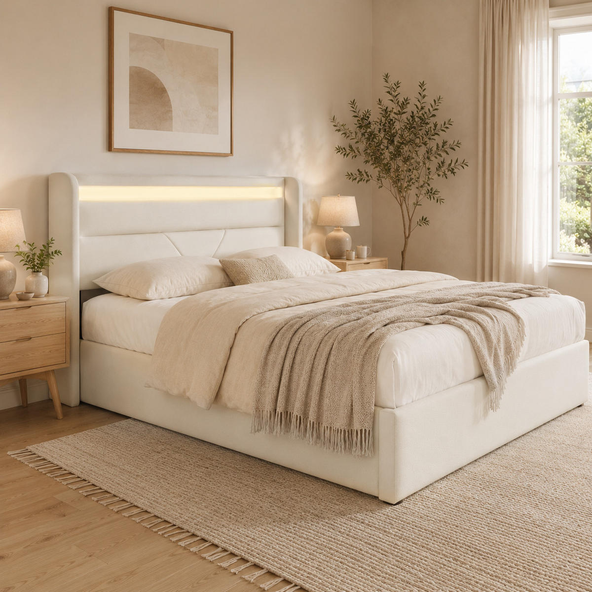 POLSTERBETT 140/200 cm in Weiß mit Bettkasten und LED Kunstleder - Weiß, Holzwerkstoff/Textil (140/200cm) - CHICFURN