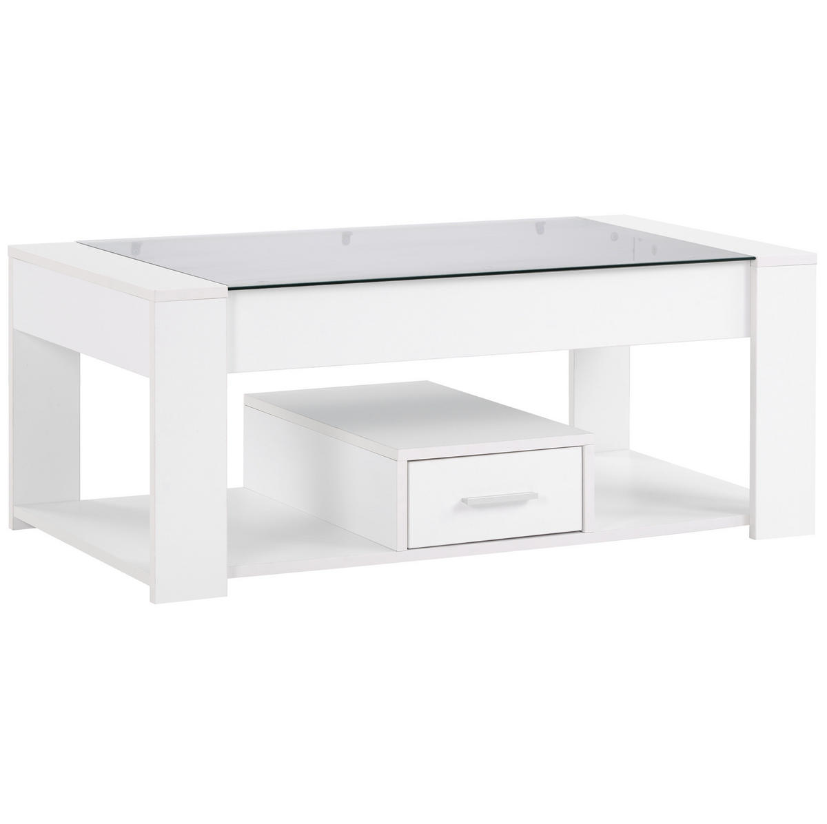 KONFERENČNÍ stolek 100/50/40 cm bílý z dřevotřísky se skleněnou deskou a úložným prostorem - bílá, kompozitní dřevo (100/50/40cm) - OKWISH