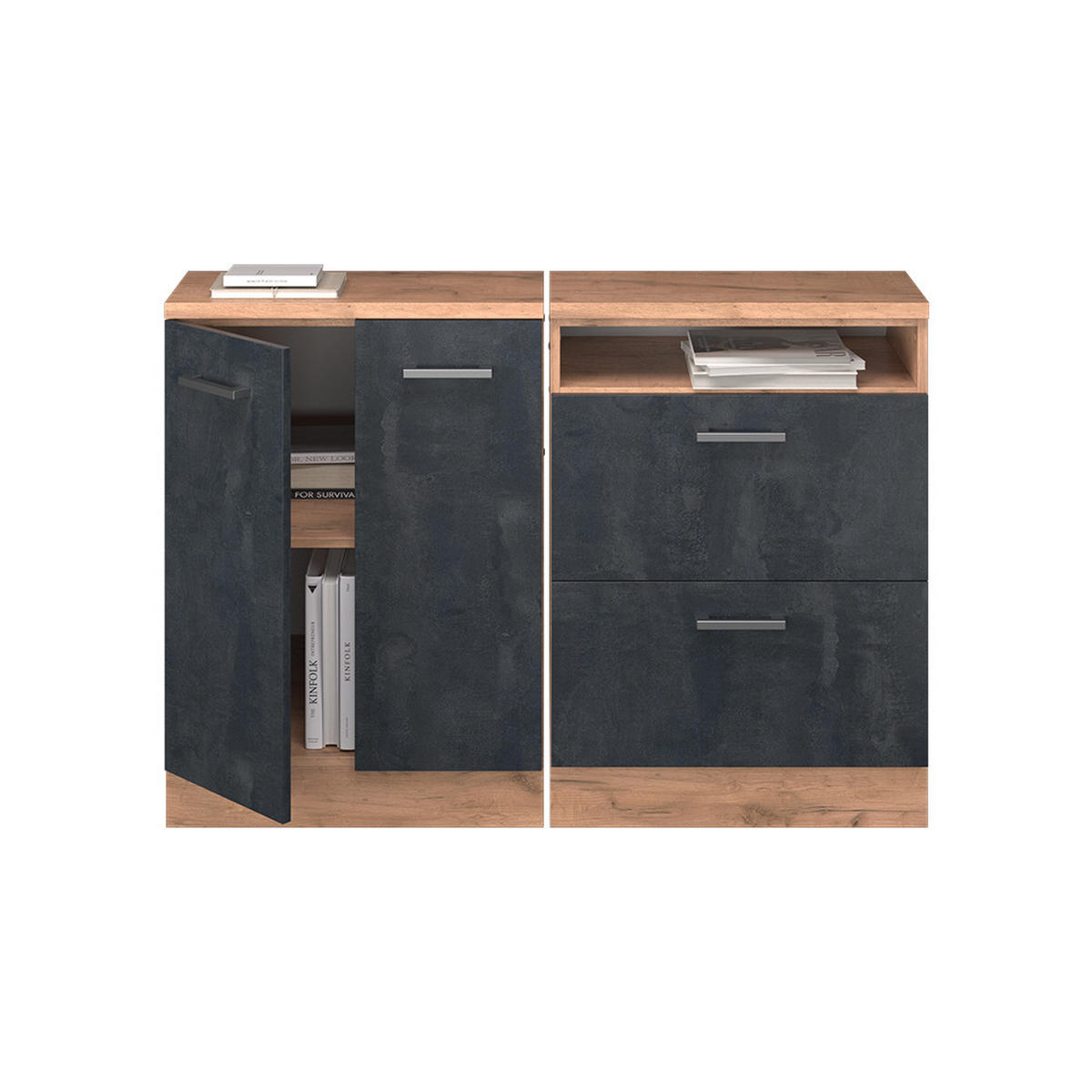 KUHINJSKI ORMAR ZA KOSINE KROVA R-Line Crni Beton 120 cm Set od 2 korpusa ormara, dubina 60 cm - hrast medunac/crna, drvni materijal (120/83.8/60cm) - Vicco