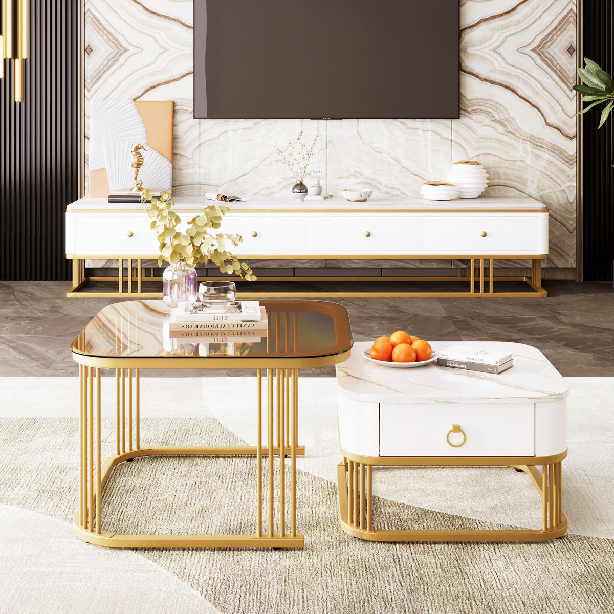 COUCHTISCH Stapelbar 2-tlg Hochglanz Marmoroptik Teebraun Gold Akzente - Weiß, Holz (72/68/26.5cm) - FLIEKS