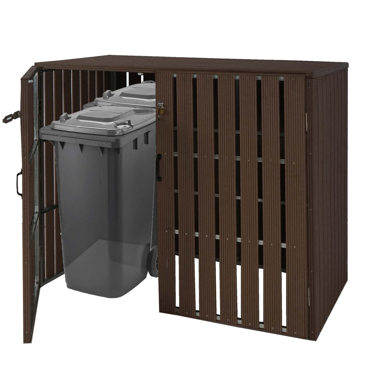 MÜLLTONNENBOX XL 2er-/4er-WPC HxBxT 115x140x100cm Metall Holzoptik erweiterbar Braun - Braun, Metall (140/115/100cm) - PROREGAL