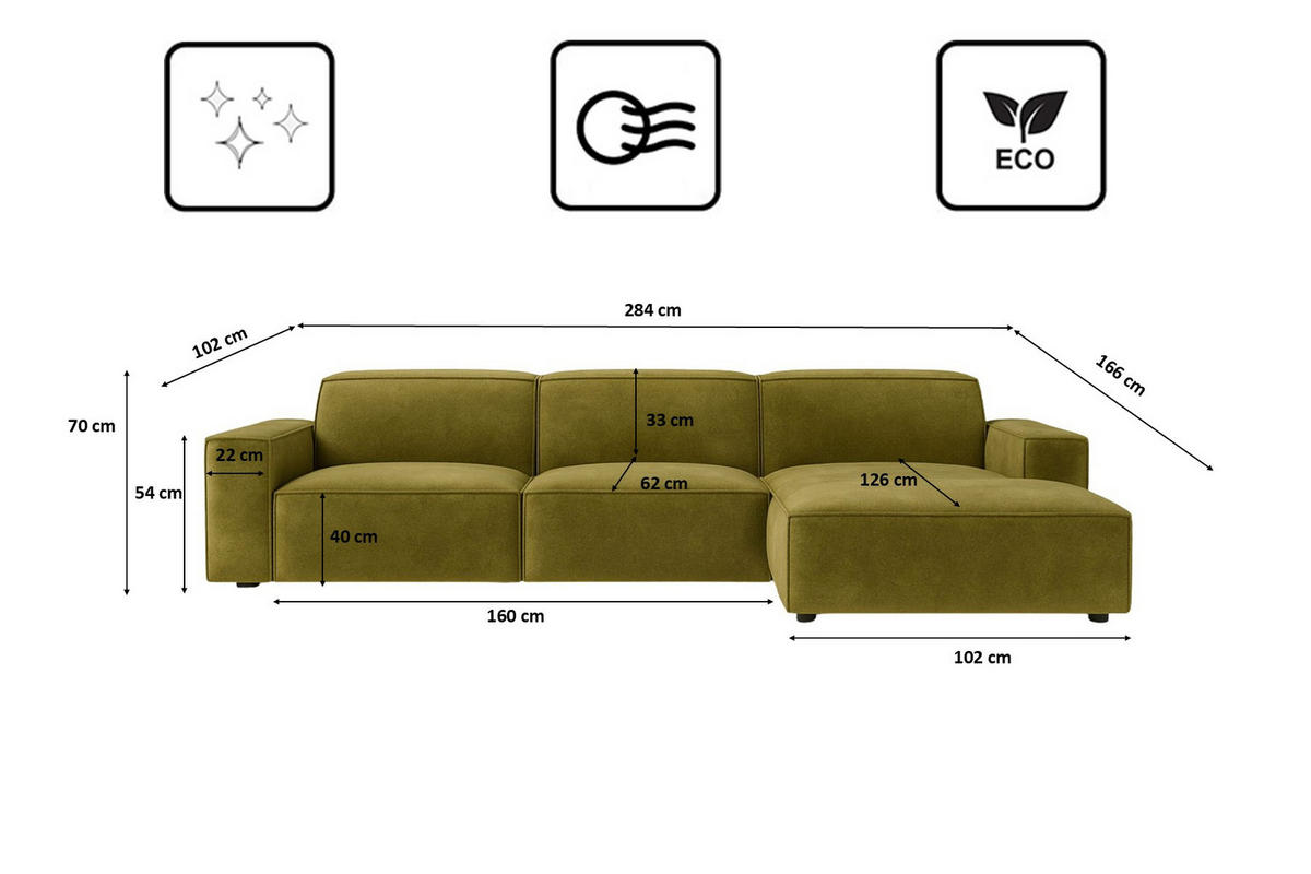 ECKSOFA Cursal L-Form, Stoff Salvador, Olive, Rechts - Olivgrün, Holz (284/166cm) - Kaiser Möbel