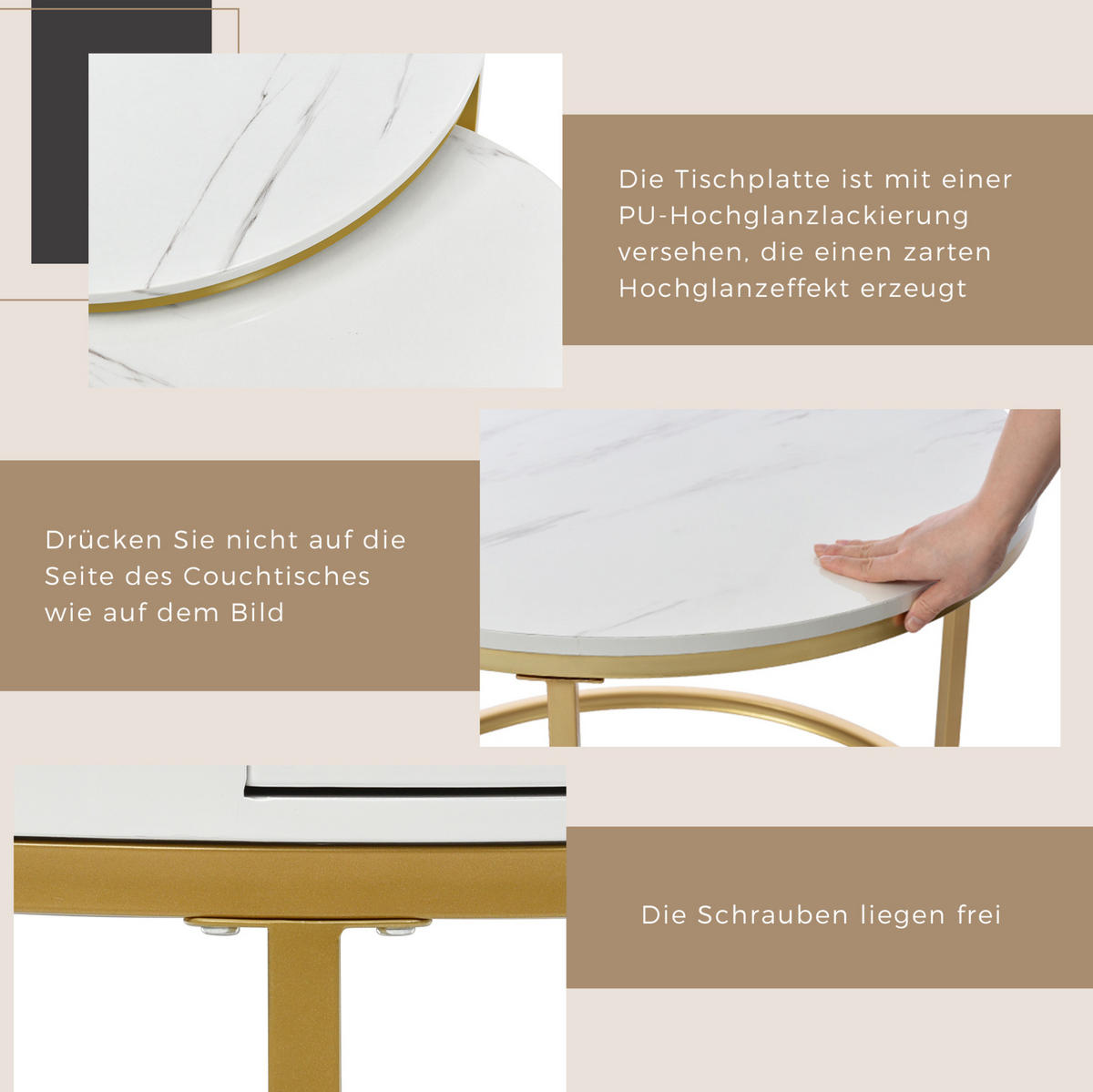 COUCHTISCH-SET aus MDF 70/70/48 und 50/50/43,5 cm, 2-teiliges Nesting-Design mit Hochglanz-Marmoreffekt, Weiß - Weiß, Holzwerkstoff (70/70/48cm) - Redom