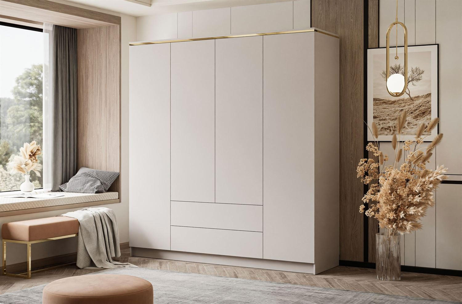 KLEIDERSCHRANK AURORA 4D2SZ in KASCHMIR mit Schubladen - Kaschmir/Goldfarben, Holzwerkstoff (200/213/57cm) - Lookway