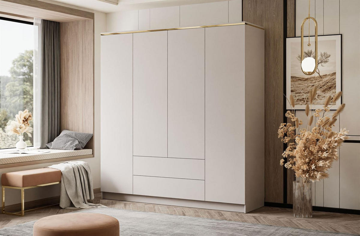 KLEIDERSCHRANK AURORA 4D2SZ in KASCHMIR mit Schubladen - Kaschmir/Goldfarben, Holzwerkstoff (200/213/57cm) - Lookway