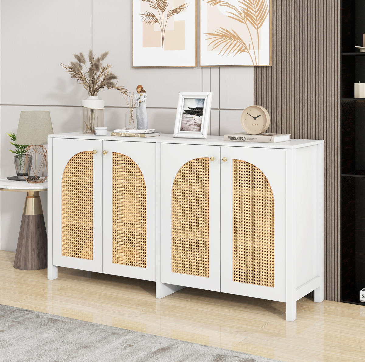 SIDEBOARD 145/80/40 cm Weiß aus MDF mit 4 Kunst-Rattantüren - Weiß, Holzwerkstoff (80/40/145cm) - OKMYHOME