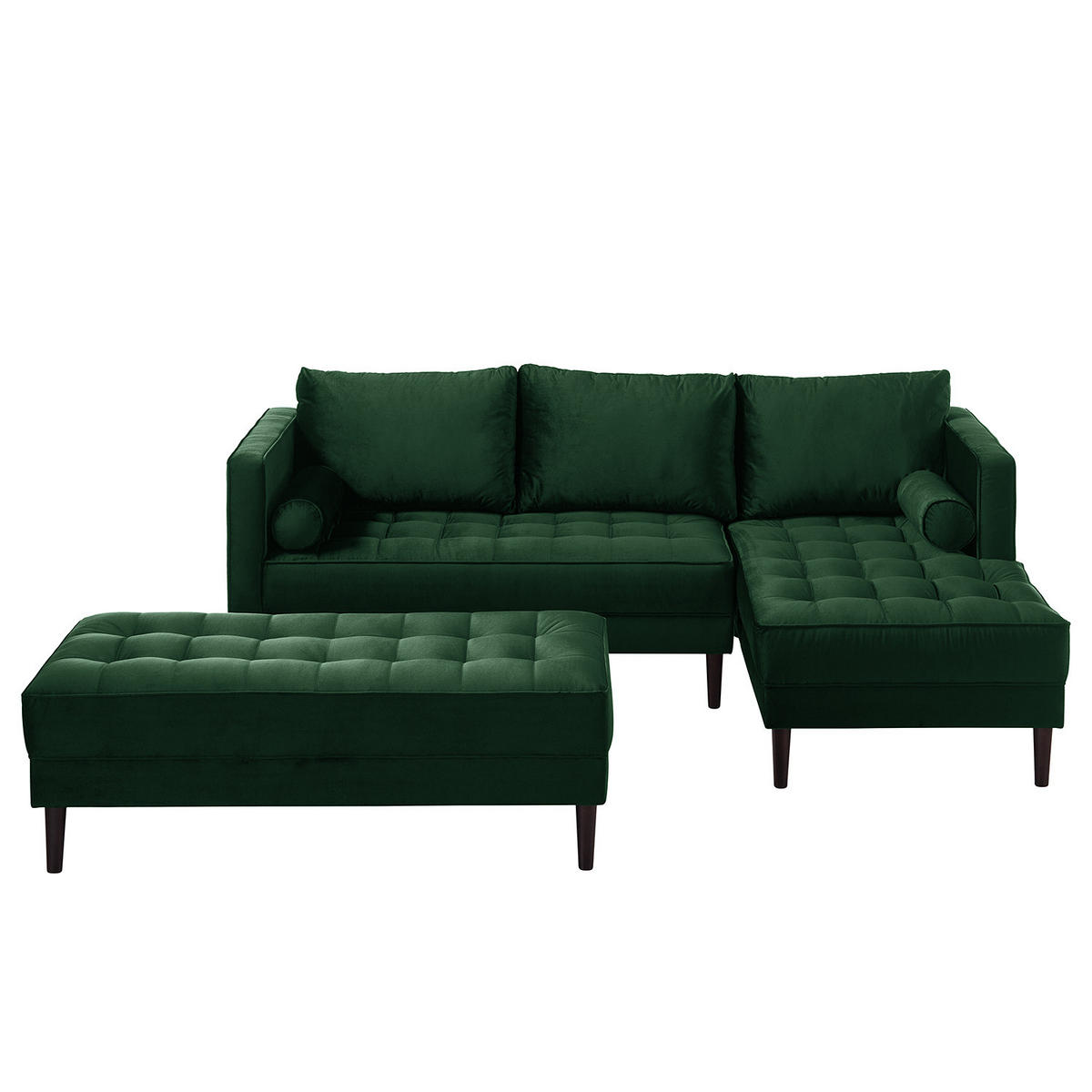 ECKSOFA - Samt - Dunkelgrün/Dunkelbraun, Birkenholz/Textil (201/155cm) - home24