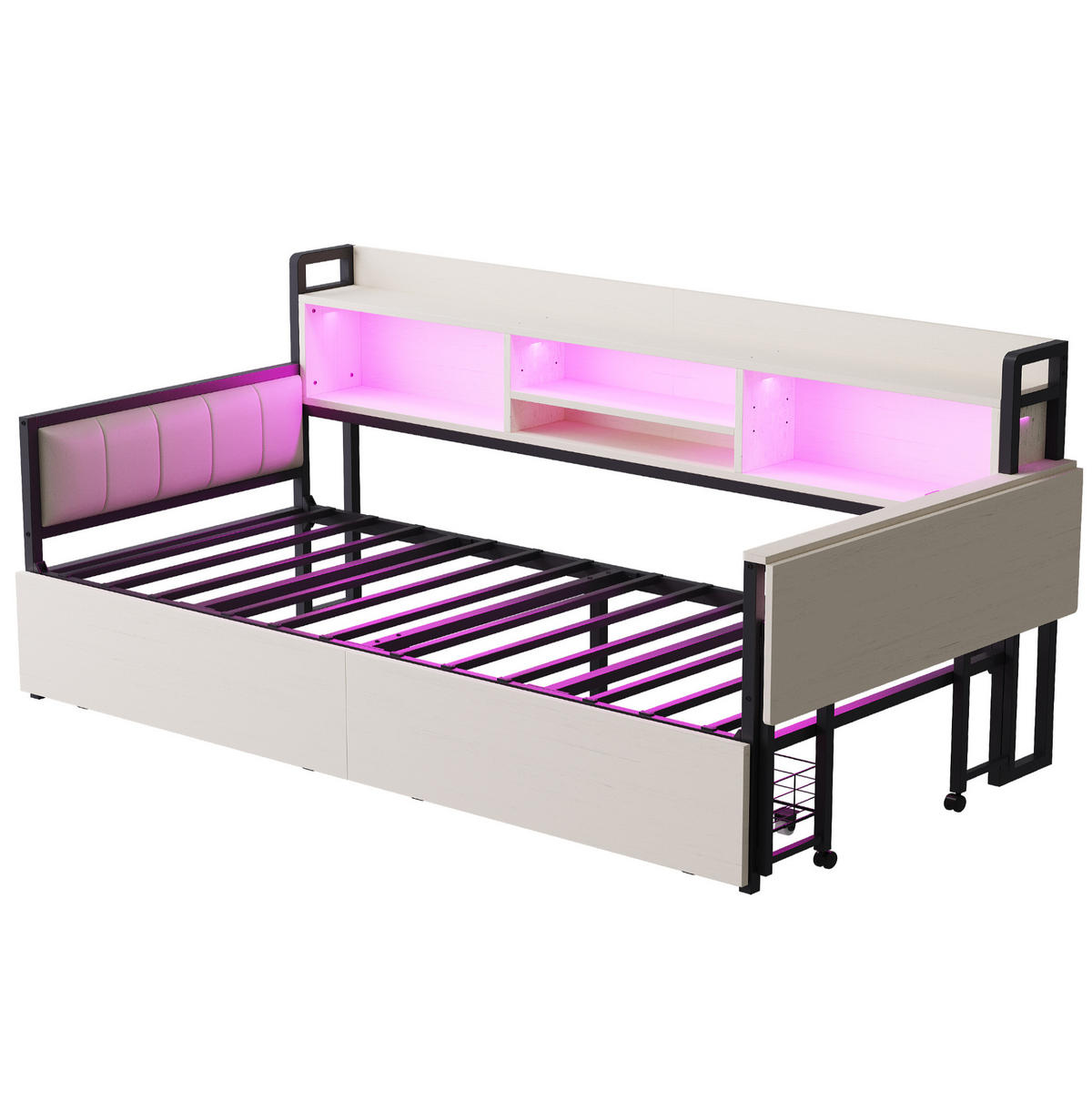 METALLBETT 90/200 cm mit Stauraum, Schreibtisch und LED in Weiß - Weiß, Metall (90/200cm) - BEAOK