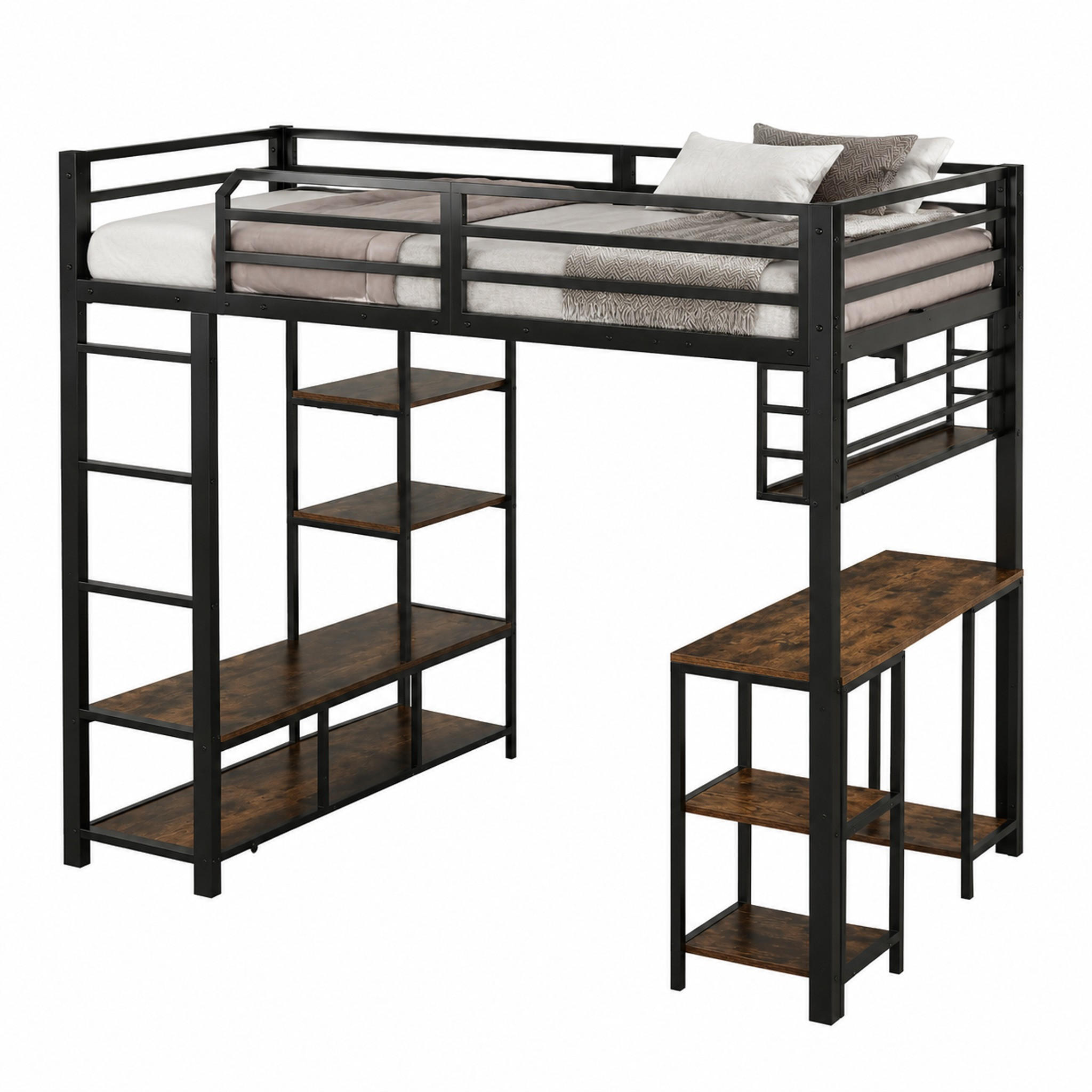 HOCHBETT mit Schreibtisch 120x200 cm Metall Holzoptik Schwarz - Schwarz, Metall (120/200cm) - Meubliv
