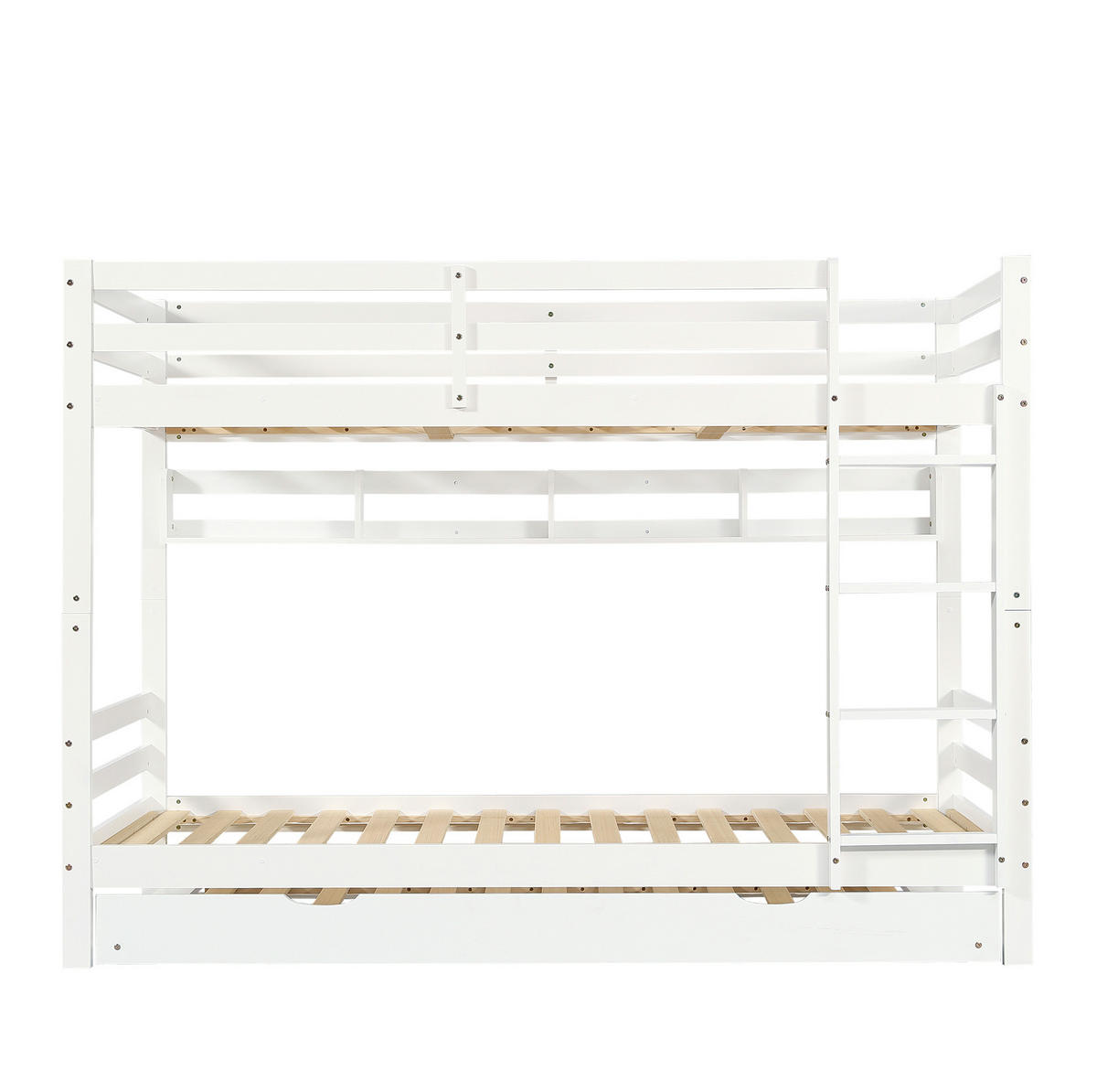 ETAGENBETT 90/200 cm mit Ausziehbett, 2 m Regalreihe, 4-stufiger Leiter und Bettlatten aus Kiefer/MDF, Weiß - Weiß, Holz (90/200cm) - Redom