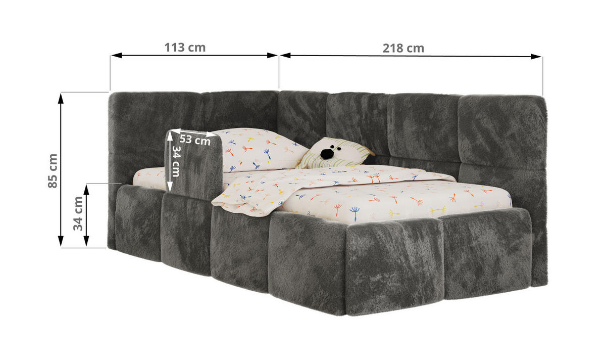 DĚTSKÁ POSTEL ARVO ALTA 90/200 - Šedá Plyš - Pravá - šedá, textil (90/200cm) - MKS