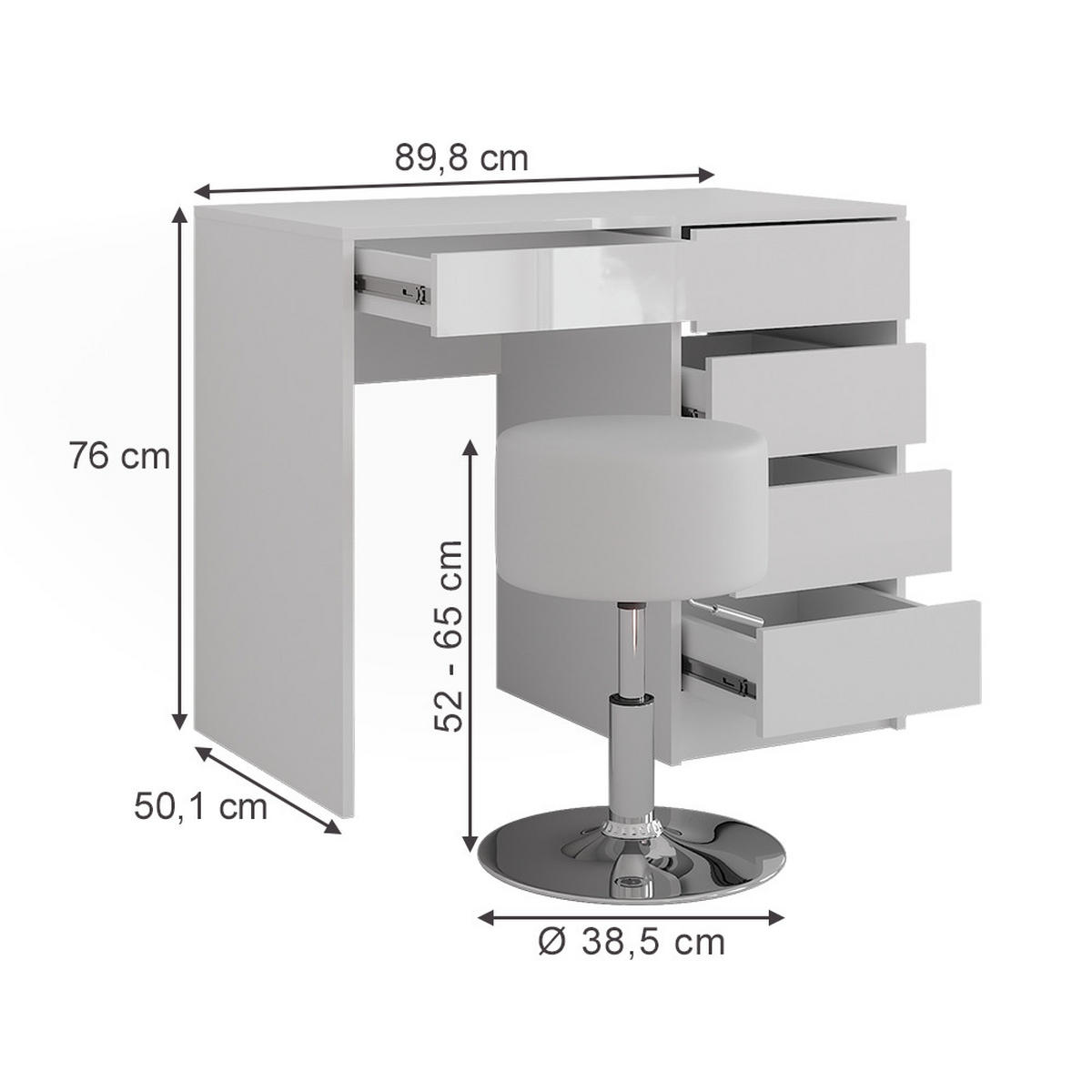 SCHMINKTISCH Sherry Weiß/Weiß Hochglanz 89.8 cm mit Hocker - Weiß Hochglanz, Holzwerkstoff (50.1cm) - Vicco