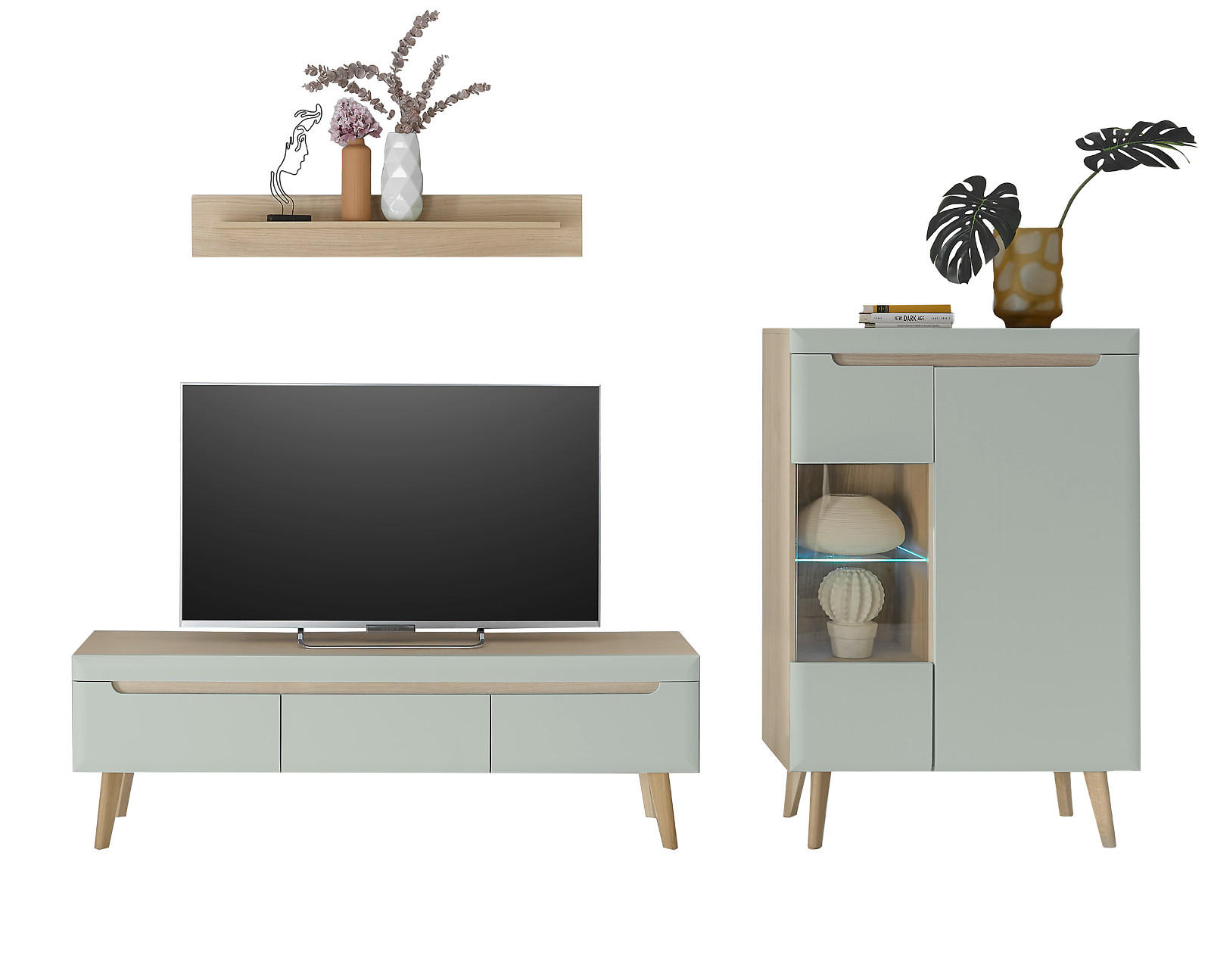 WOHNWAND 3-teilig pistazie grün, Eiche, skandinavisch 270 cm, Schrankwand mit Soft-Close-Funktion - Eichefarben/Pastellgrün, Glas/Eichenholz (270/170/40cm) - Furn.Design