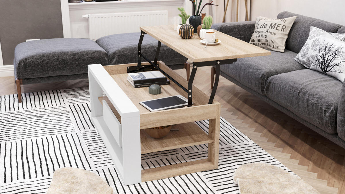 COUCHTISCH rechteckig Sonoma Eiche Weiß aufklappbar - Weiß/Sonoma Eiche, Holzwerkstoff (60/110/45cm) - designimpex