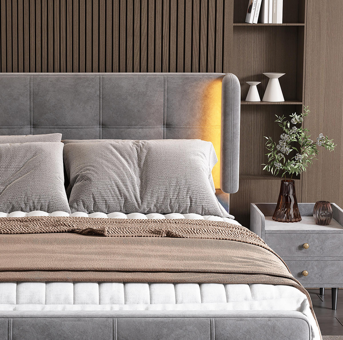 POLSTERBETT aus Samt 140x200 cm Grau mit LED-Beleuchtung und verstellbarem Kopfteil - Grau, Textil (140/200cm) - IVMEU