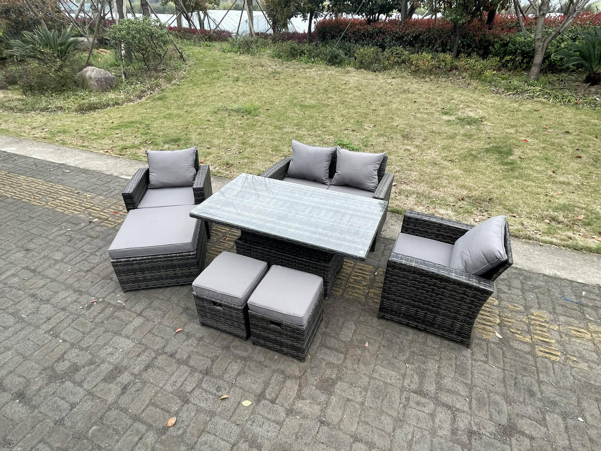 GARTENTISCHGRUPPE Polyrattan 7-Sitzer - Dunkelgrau, Metall - Fimous