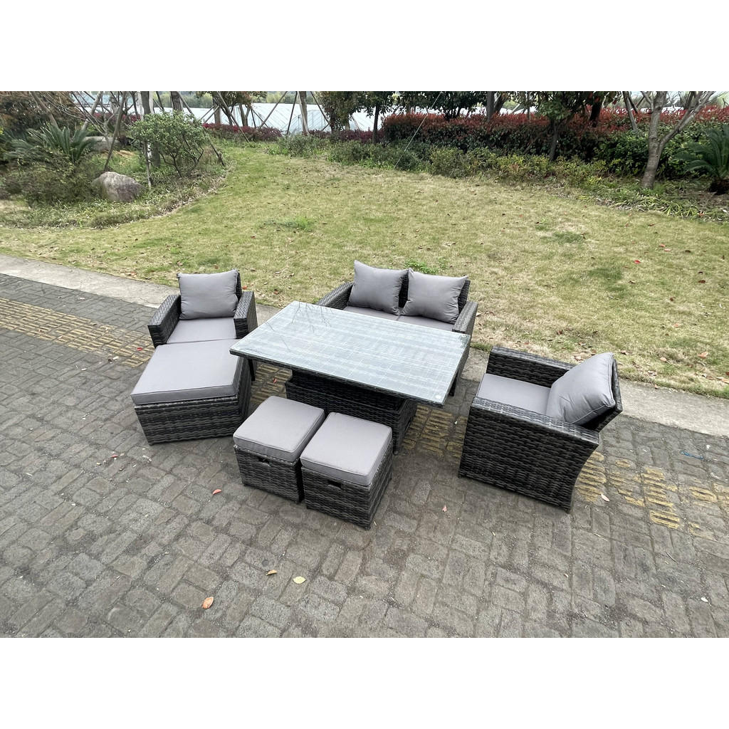 Thumbnail - Fimous Gartentischgruppe, Dunkelgrau, Metall, 7-Sitzer, rechteckig, Gartenmöbel, Gartenmöbel-Sets