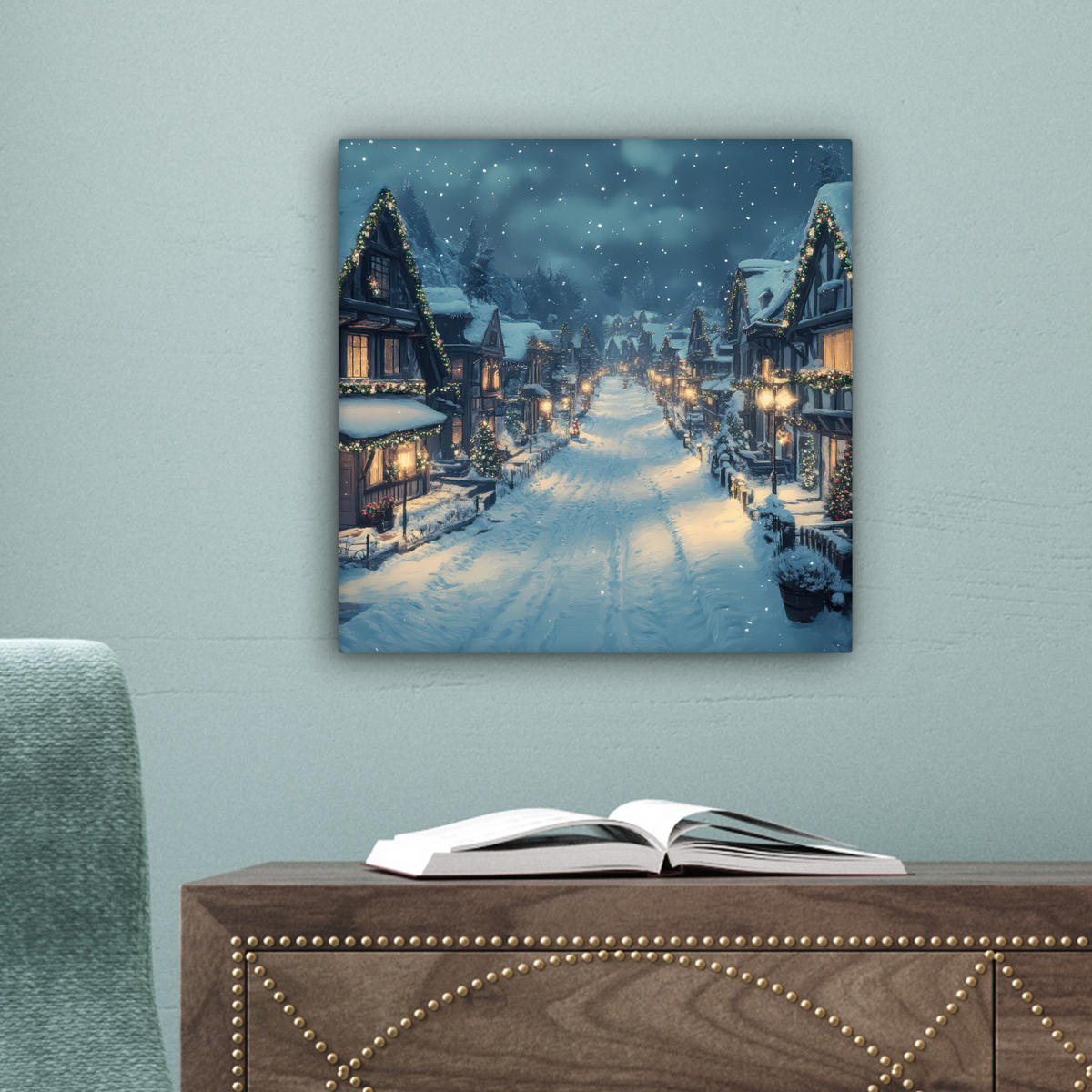 LEINWANDBILD Weihnachtsdorf - Weihnachten - Schnee - Winter Deko Wohnzimmer 20x20 cm - Dunkelblau, Textil (20/20cm) - MuchoWow