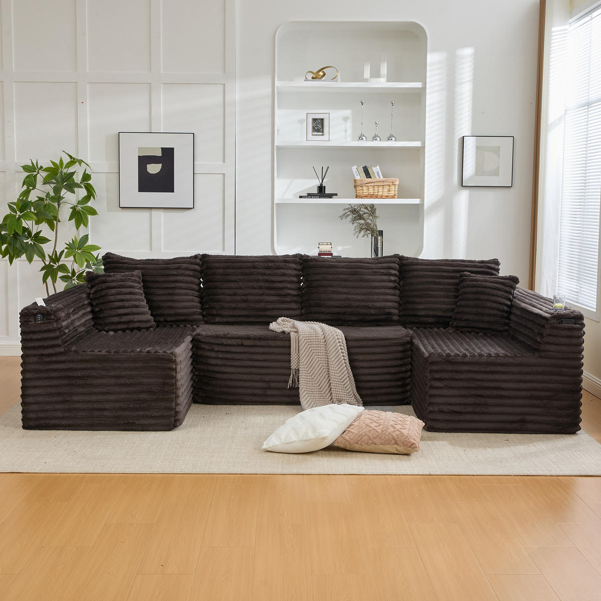 WOHNLANDSCHAFT 320/155/88 cm Braun mit Getränkehalter und Seitentasche - Braun, Textil (320/88/155cm) - Oxeza