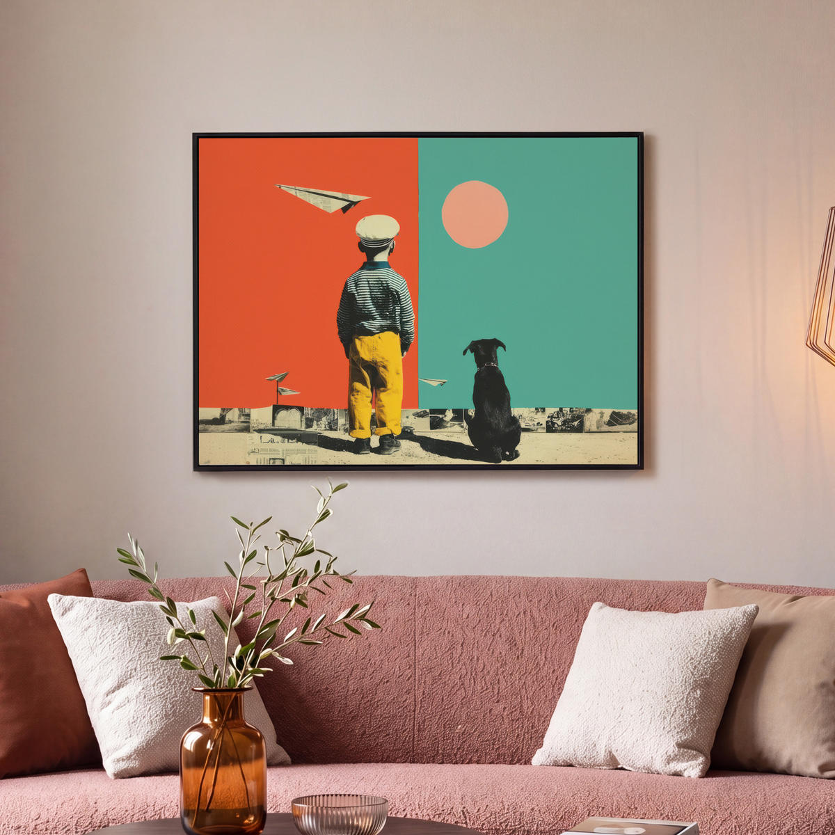 LEINWAND Bilder mit Rahmen - Retro - Junge - Hund - Rot - Grün - 70x50 - Orange, Textil (70/50cm) - MuchoWow