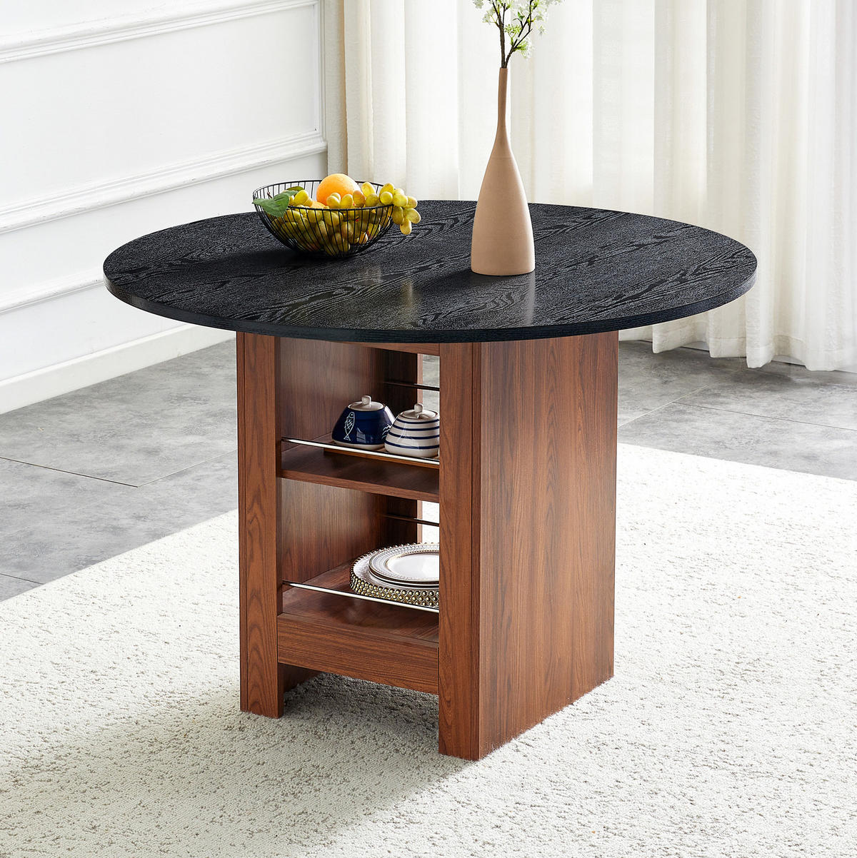 ESSTISCH 100/76 cm Walnuss/Schwarz aus MDF mit Stauraumfächern - Schwarz, Holzwerkstoff (100/100/76cm) - OKMYHOME