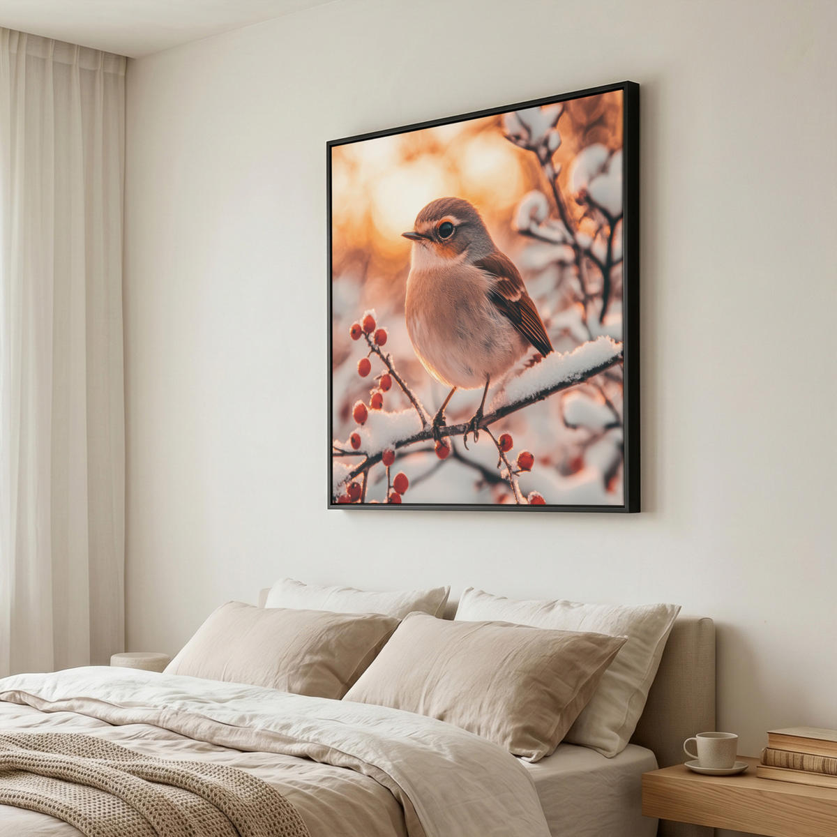 LEINWAND Bilder mit Rahmen - Vogel - Zweig - Winter - Tiere - Schnee - 90x90 - Bernsteinfarben, Textil (90/90cm) - MuchoWow