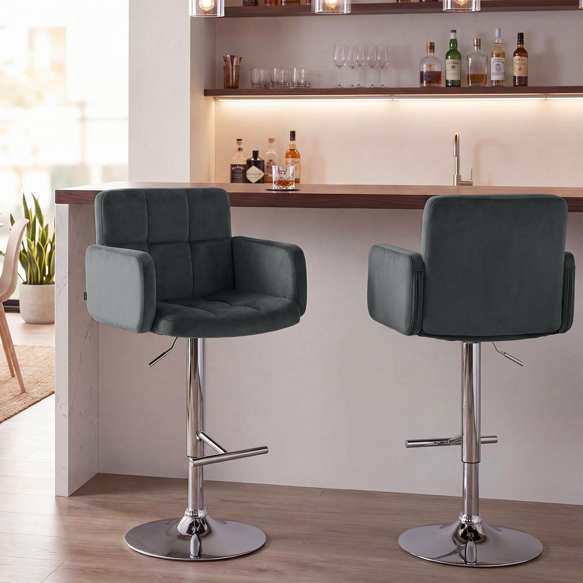 BARHOCKER 2 Samt Dunkelgrau - Chromfarben/Dunkelgrau, Textil/Metall (60/93/56cm) - CLP
