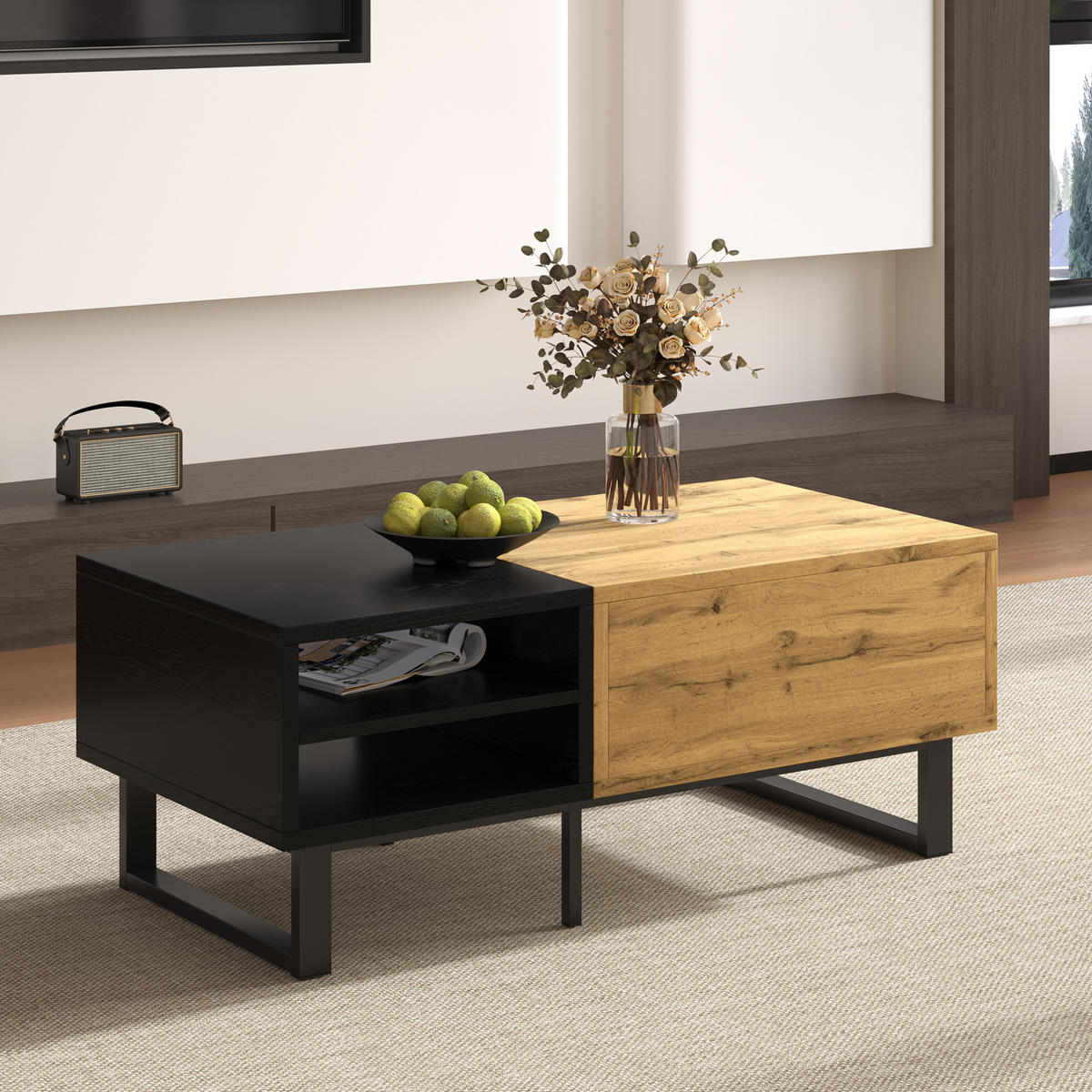 COUCHTISCH 100/50/40 cm Natur/Schwarz aus Spanplatte mit Fächern und Schublade - Naturfarben, Holzwerkstoff (100/50/40cm) - OKMYHOME
