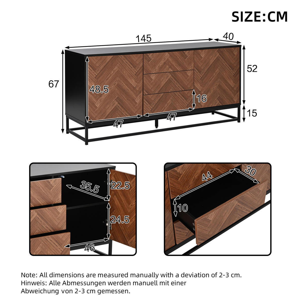 SIDEBOARD aus Spanplatte und Metall 145x40x67 cm Eichefarben-Schwarz mit 3 Schubladen, 2 Türen und verstellbaren Einlegeböden - Schwarz, Metall (145/67/40cm) - Modfu