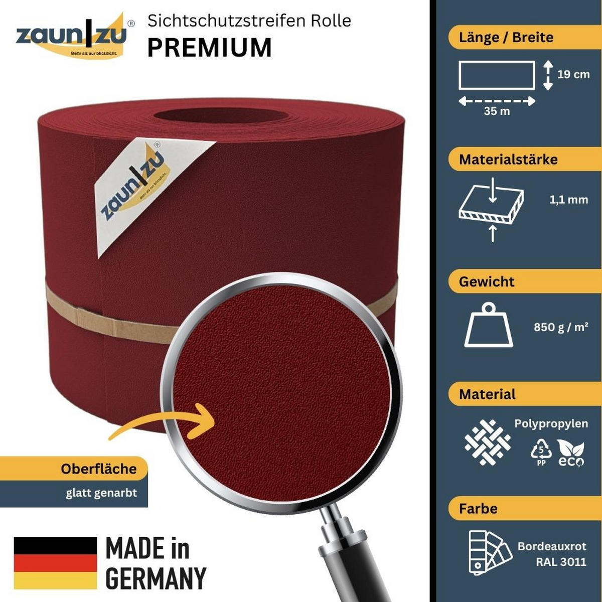 SICHTSCHUTZSTREIFEN PP für Doppelstabmatten Zaunblende Bordeauxrot, 35m - Bordeaux, Kunststoff (3500/19cm) - ZAUN|ZU