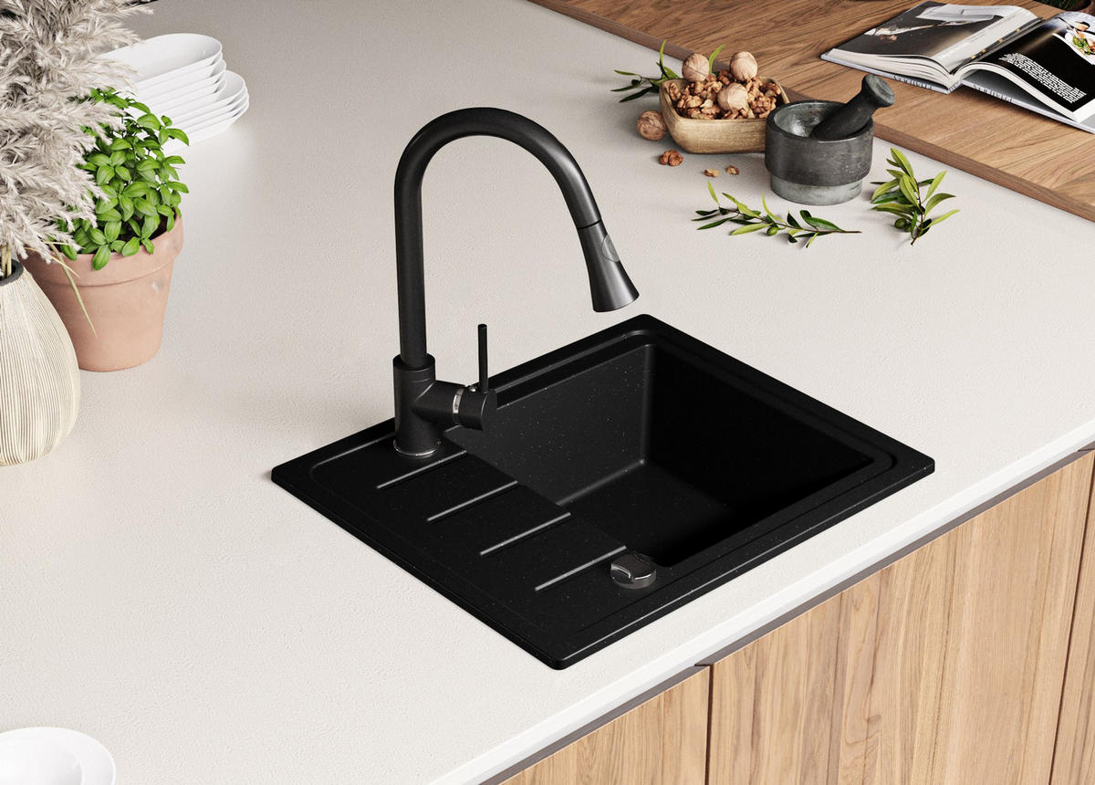 SPÜLBECKEN Kopenhagen Easy, 2-er set Schwarz Metallic 55/44 cm 1 Becken + Ablauf-Set ab 45er Unterschrank - Chromfarben/Schwarz Hochglanz, Kunststoff (55/17/44cm) - Primagran