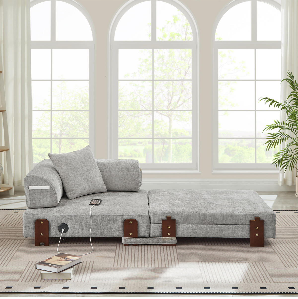 SCHLAFSOFA aus Stoff Hellgrau mit USB-, Type-C-Anschluss, Stauraum und Schlaffunktion - Hellgrau, Textil (84/48/170.5cm) - Modfu