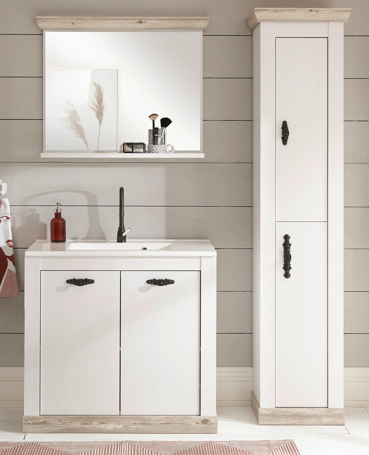 BADKOMBINATION Pinie weiß, Oslo Pinie, Landhaus Badmöbel Set 4-tlg. MIT Waschbecken 143 x 200 cm - Dunkelgrau/Weiß, Holzwerkstoff/Metall (143/200/46cm) - Furn.Design