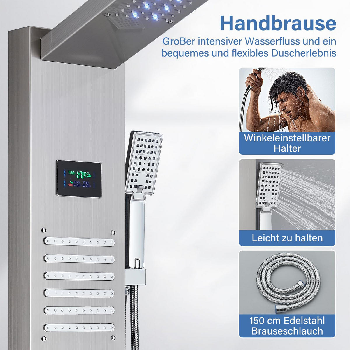 ÜBERKOPFBRAUSESET Edelstahl Hydromassage LED Digitalanzeige Silber - Silberfarben, Metall (16/121/39cm) - Kaket