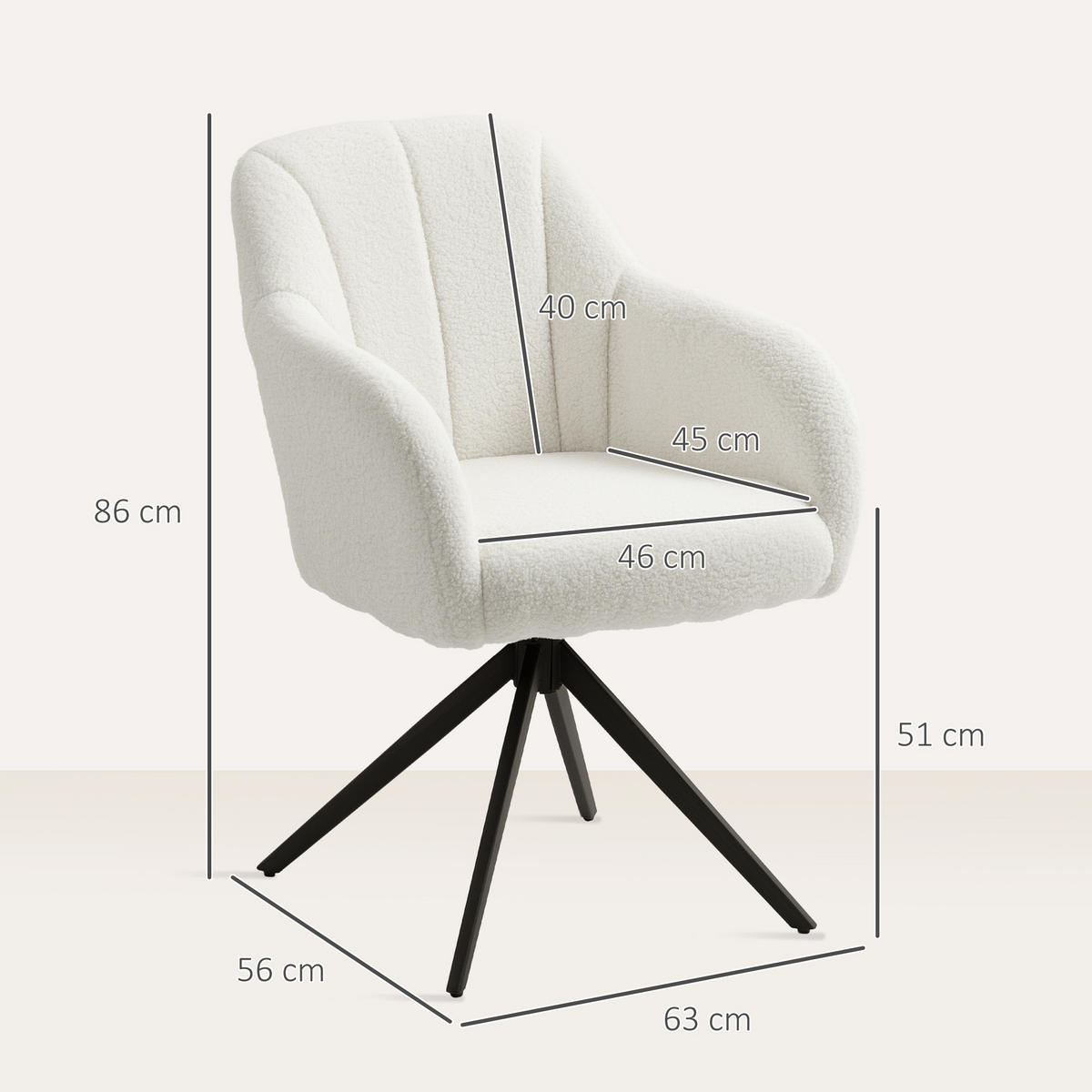 DREHSESSEL DE-13312 gepolstert & Teddy-Stoff Weiß - Weiß, Metall (63/86/56cm) - ComfortXL