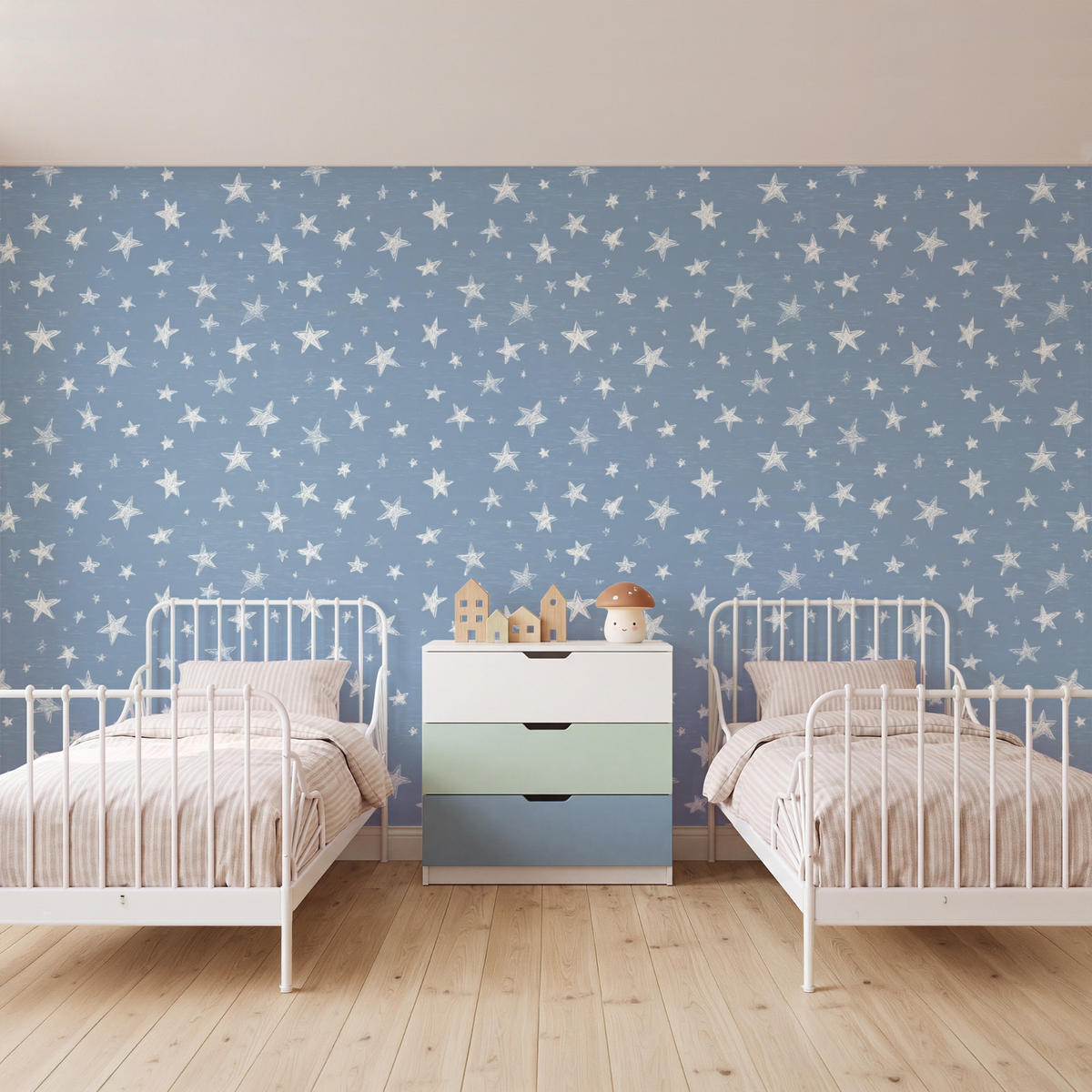 KINDERTAPETE - Sterne - Muster - Blau - 450x260 cm - Hellblau, Papier (450/260cm) - OnlyWow