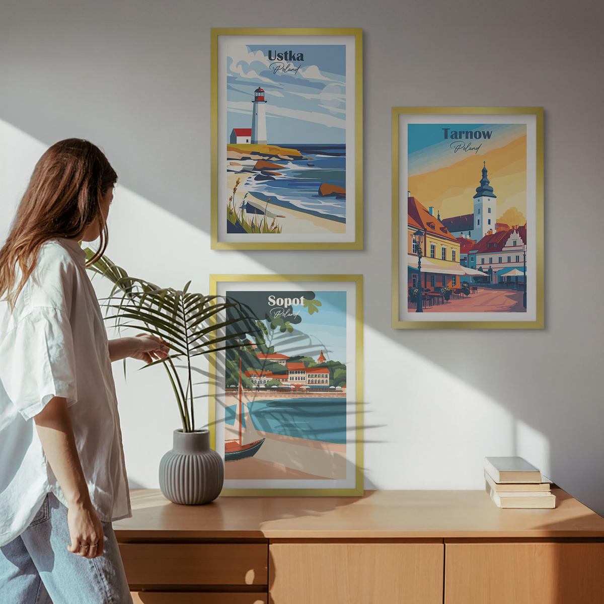 WANDBILDER 3er Set - 40x60 cm Goldrahmen - Stadtansichten Ustka Tarnów Sopot - Goldfarben, Kunststoff (40/60cm) - ArtPrintCave