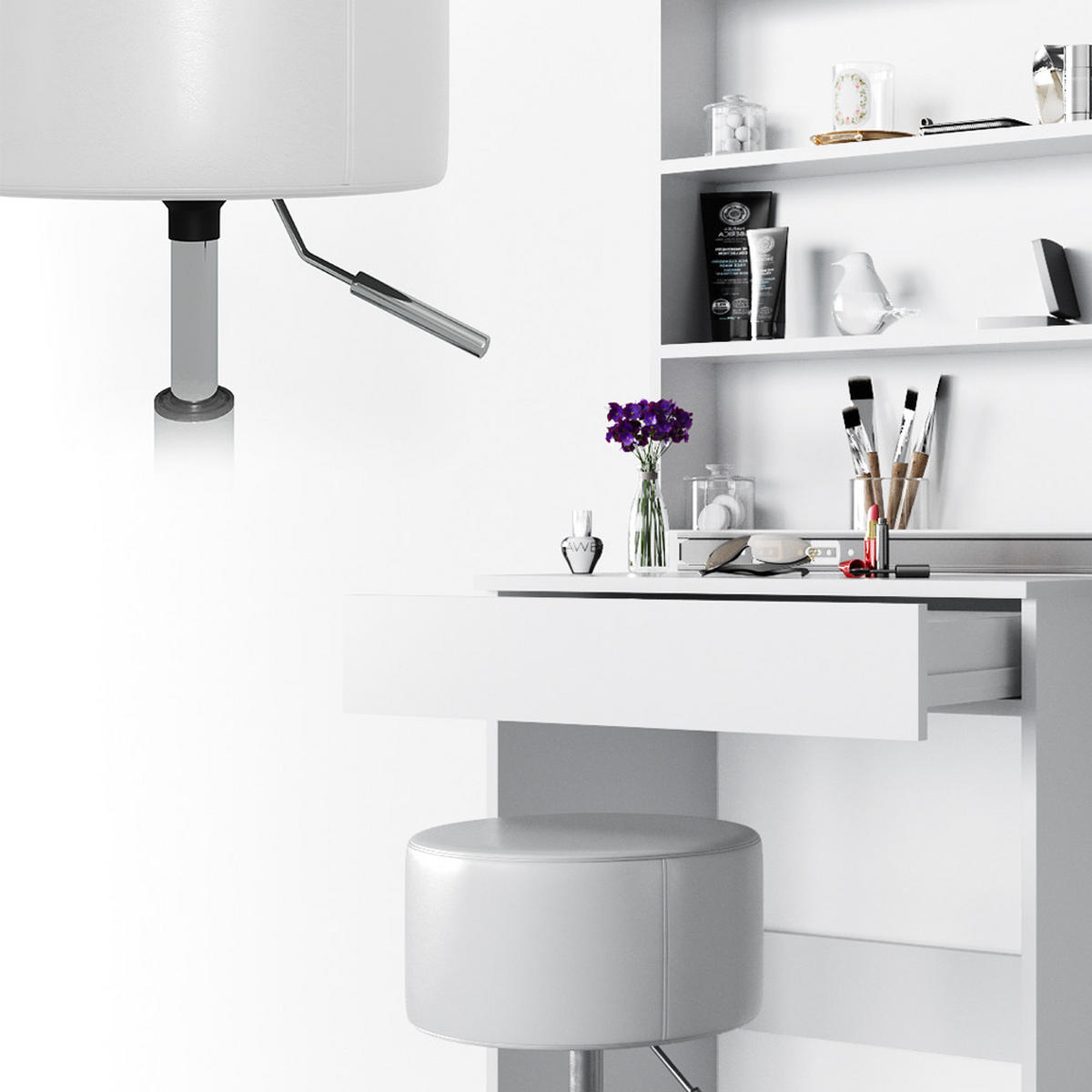 SCHMINKTISCH Melle Weiß 68 cm mit Hocker - Weiß, Holzwerkstoff (68/155/42cm) - Vicco