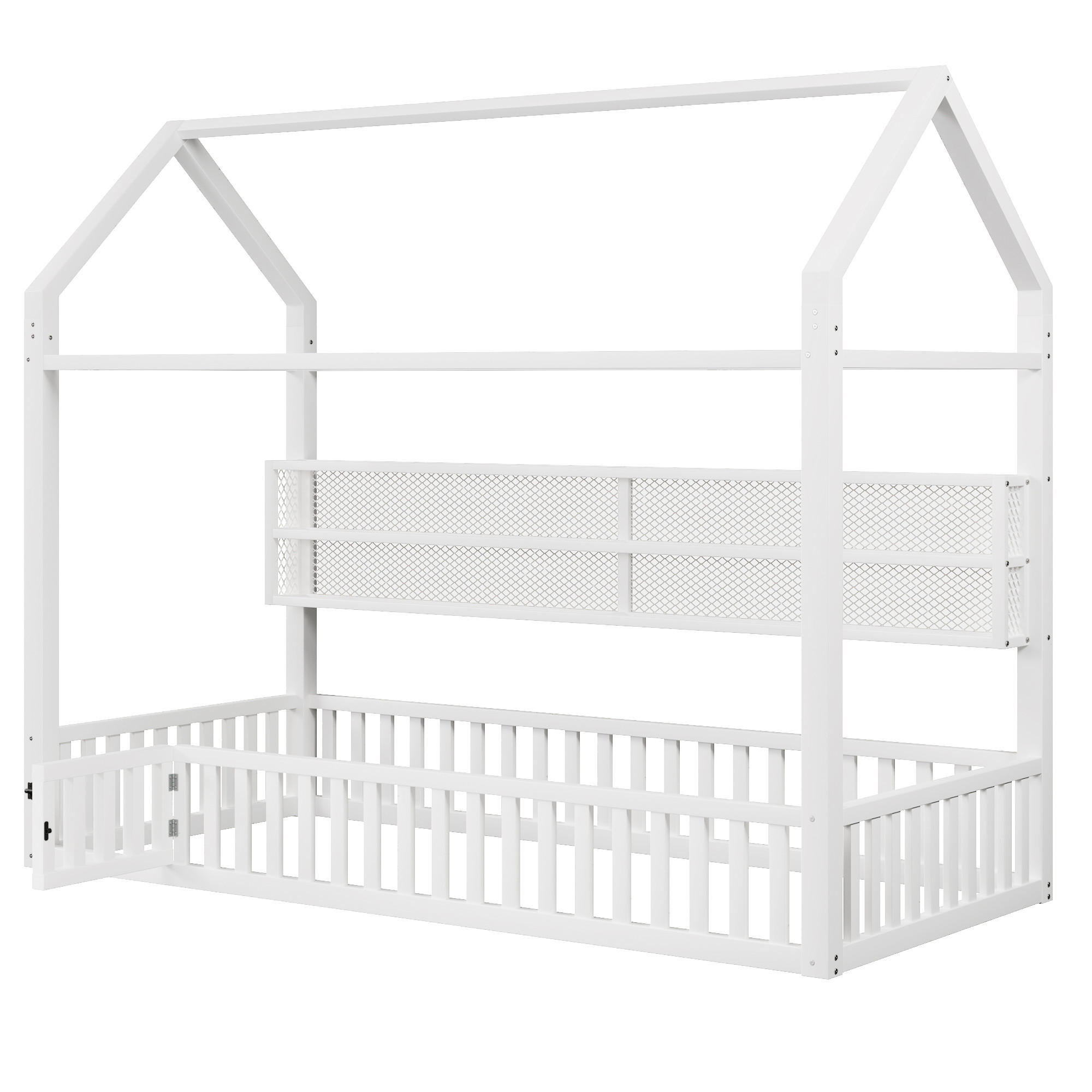 HAUSBETT 90/200 cm DE-03422, mit Zaun und LED-Beleuchtung, in Weiß - Weiß, Metall (90/200cm) - ComfortXL