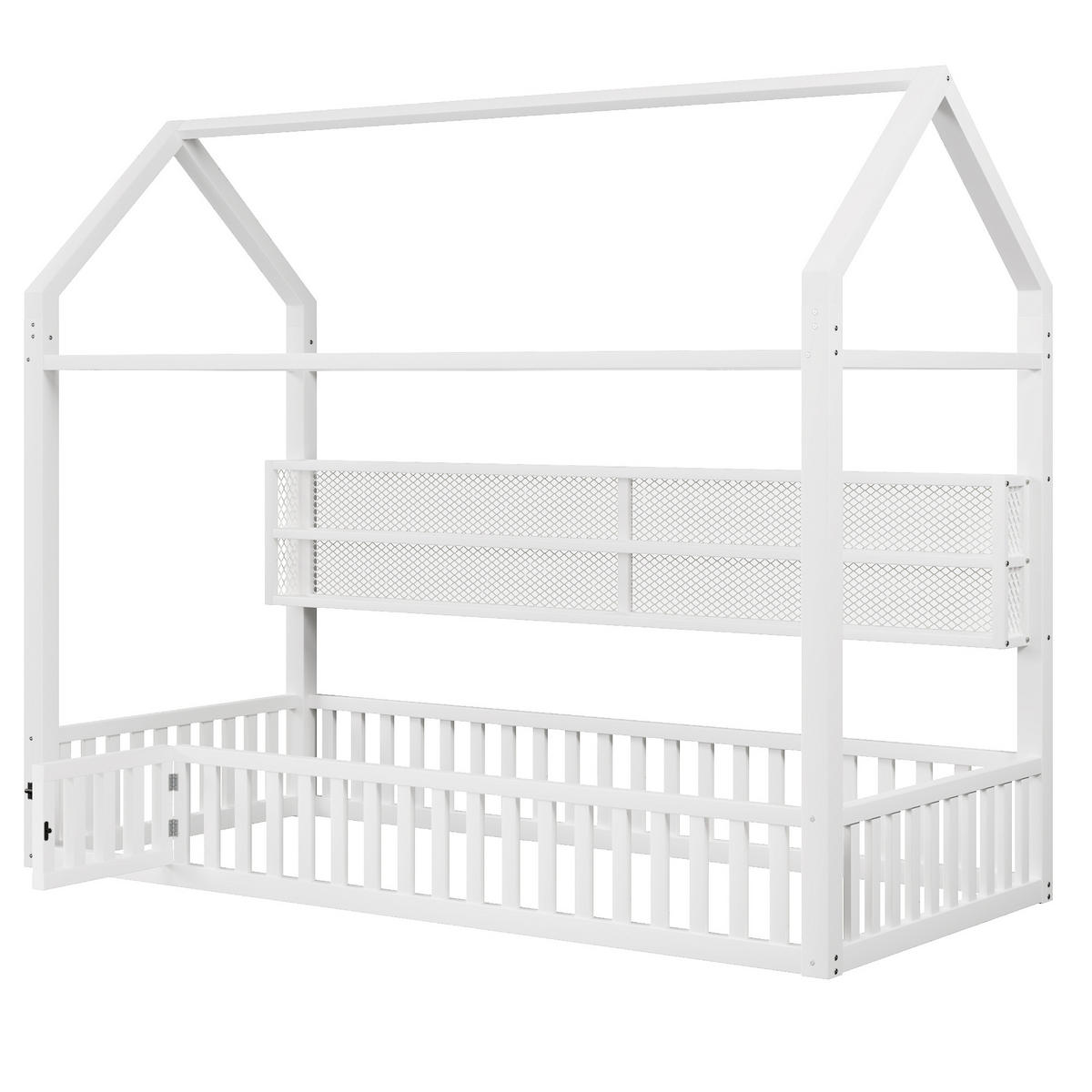 HAUSBETT 90/200 cm weiß aus Metall mit LED-Beleuchtung und Sicherheitszaun - Weiß, Metall (90/200cm) - OKWISH