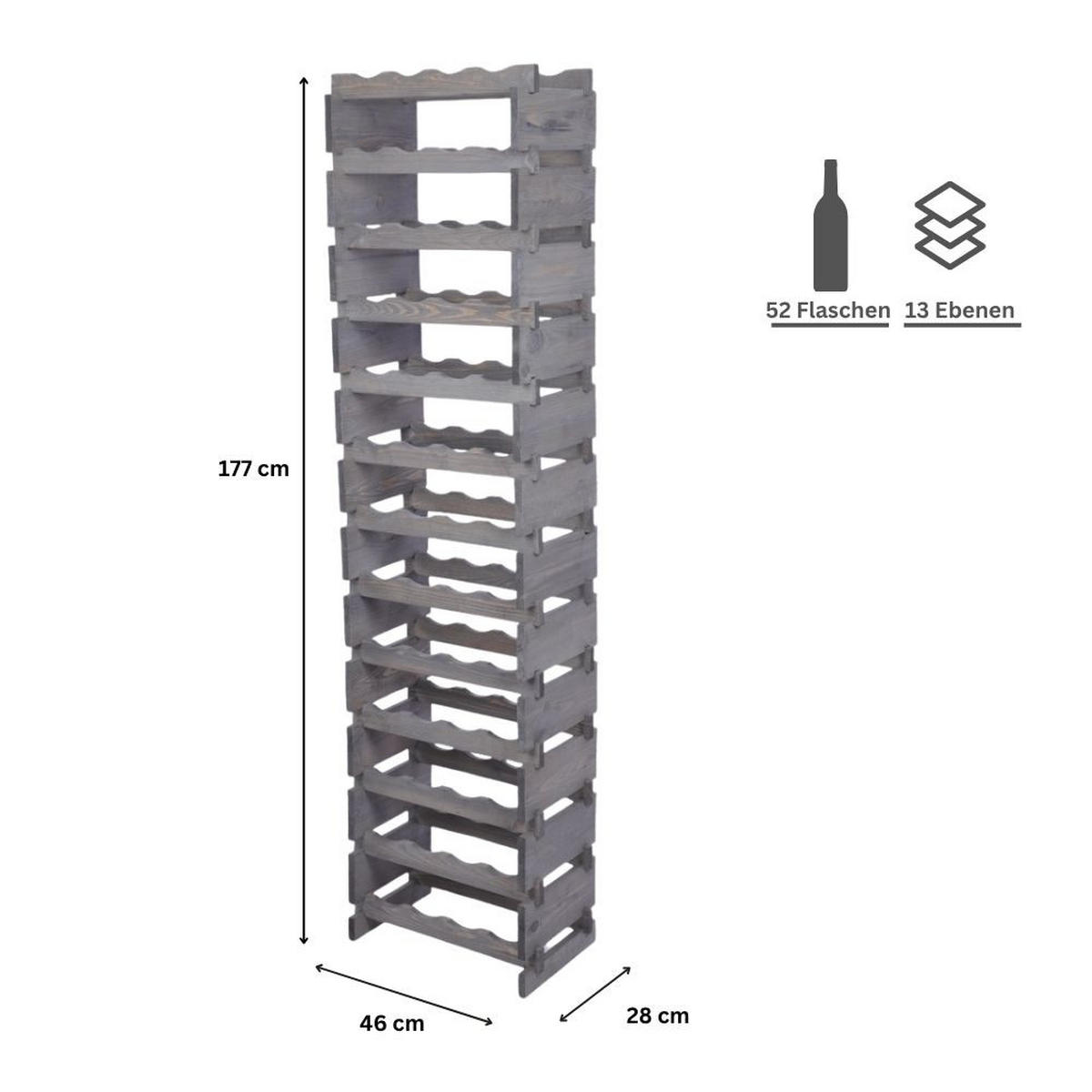 WEINREGAL VINOTECA FLEX PRO HxBxT 177x46x28cm 52 Flaschen auf 13 Ebenen Grau - Grau, Holz (46/177/28cm) - PROREGAL