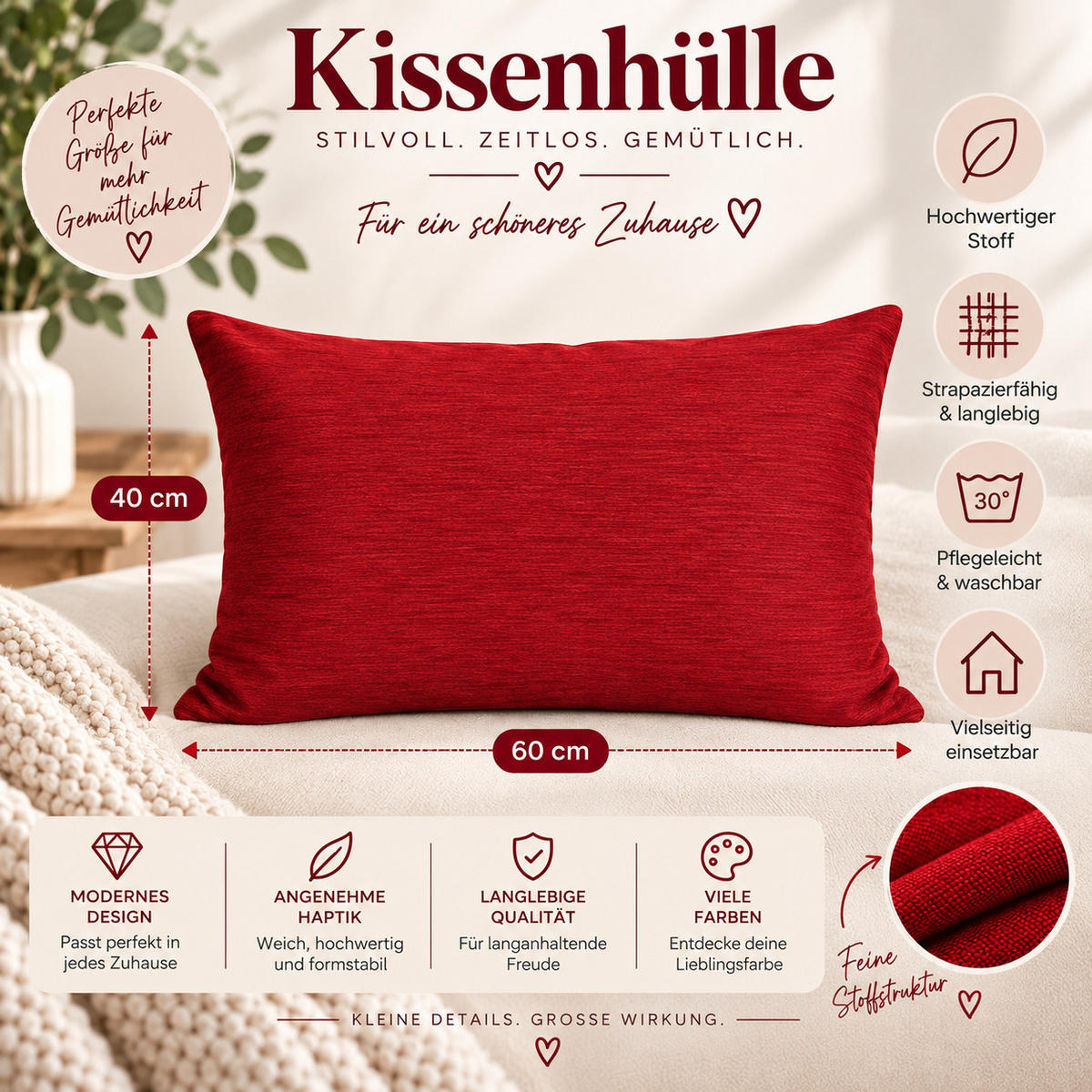 KISSENBEZUG Canada 40/60 cm meliert Rot - Rot, Textil (40/60cm) - TiborTex
