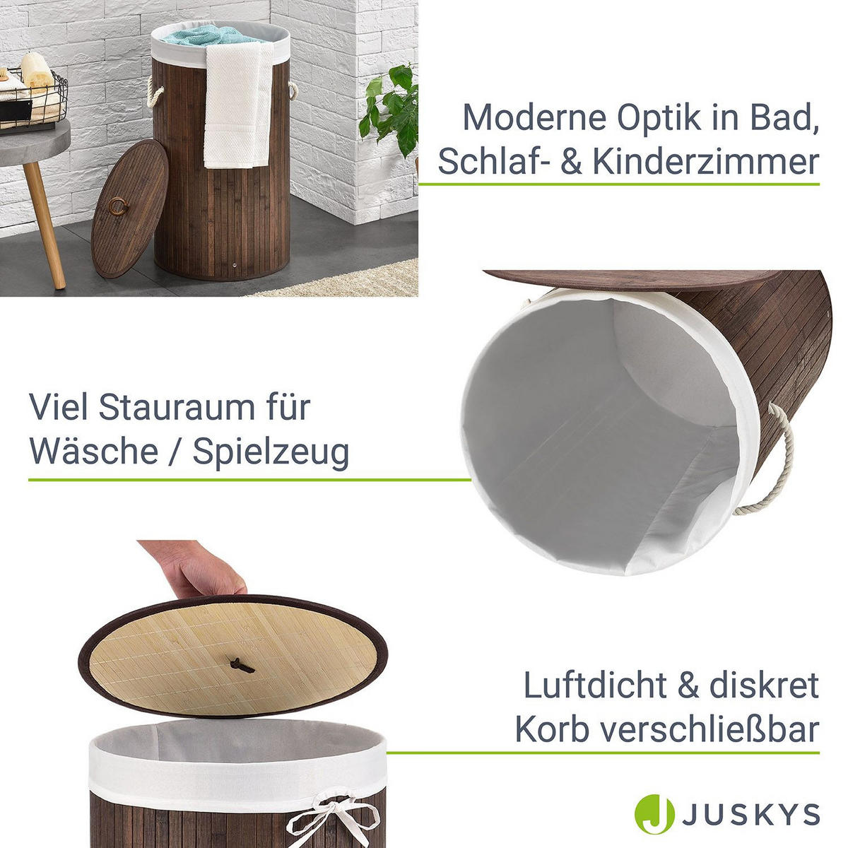 WÄSCHEKORB Curly-Round 55 L natur - Braun, Holz (35/60/35cm) - Juskys