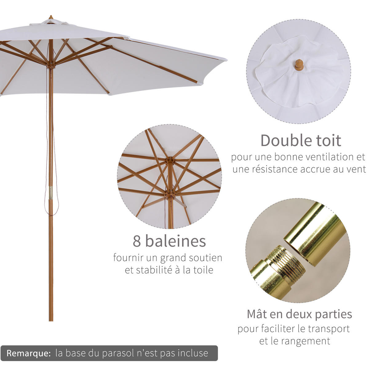 SONNENSCHIRM DE-11363 doppeltes Dach, Holz, Ø 3 m Weiß - Weiß, Holzwerkstoff (300/300cm) - ComfortXL